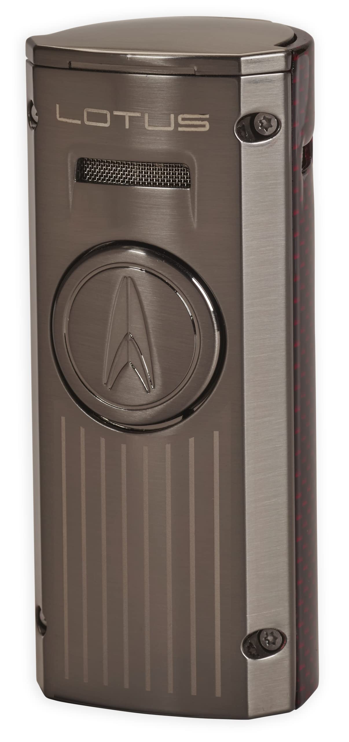 Premium Lotus Minister Quad Flame Table Top Torch Lighter - Gunmetal & Red Carbon Fiber Design for Cigars, Candles & Culinary Use - Durable Windproof Butane Lighter for Indoor/Outdoor