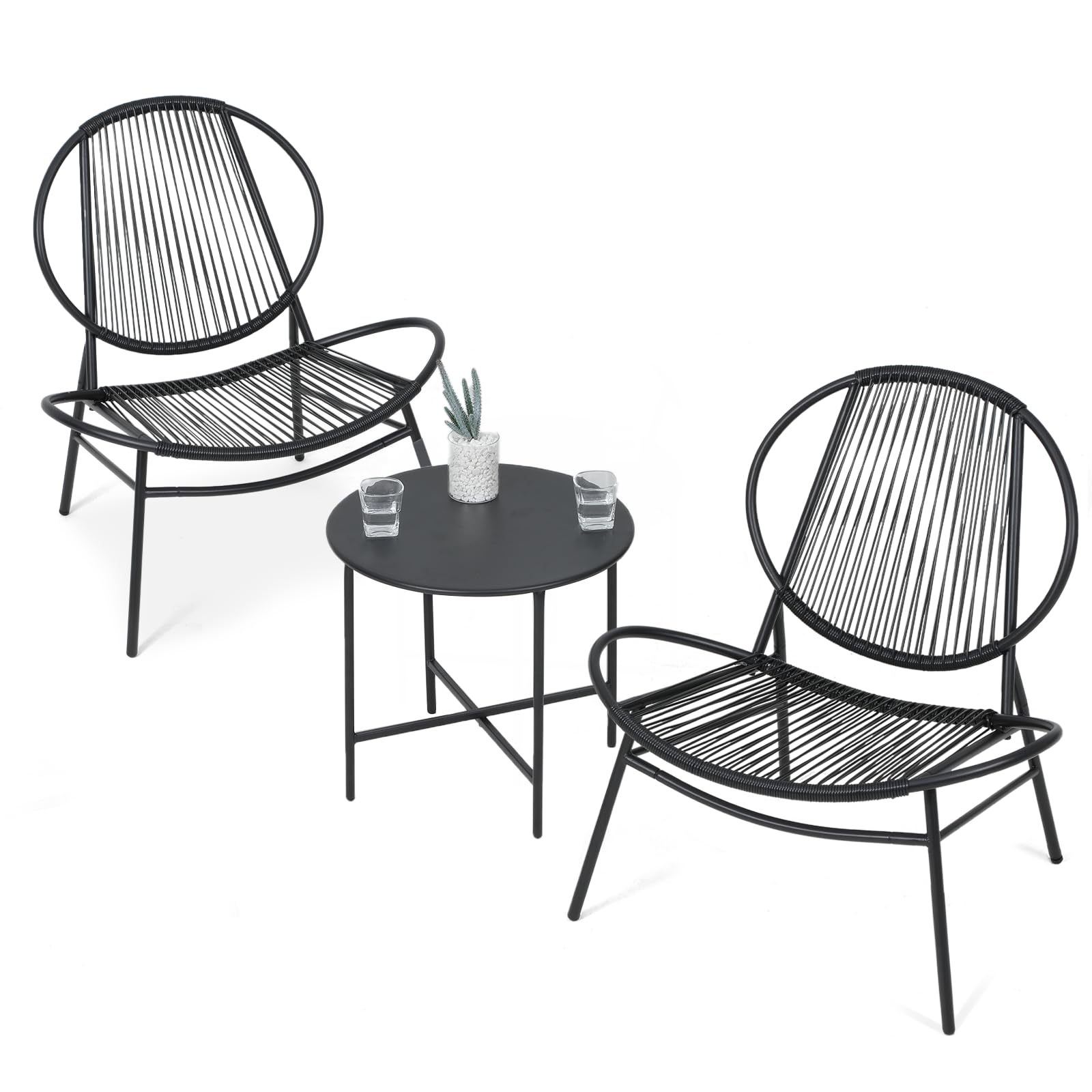 3-Piece Patio Conversation Set - All-Weather Rattan Acapulco Chairs & Round Table Bistro Set for Indoor/Outdoor Use - Perfect for Balcony, Poolside, Garden, Backyard & Patio Decor (Black)