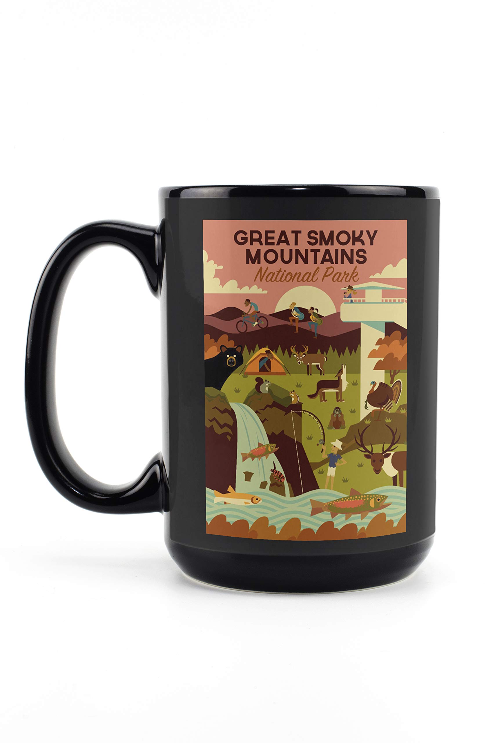 Lantern Press Great Smoky Mountains National Park Tennessee Geometric Mug - 15oz Black Ceramic Coffee & Tea Cup - Dishwasher & Microwave Safe - Perfect for Camping, Hiking & Outdoor Adventures
