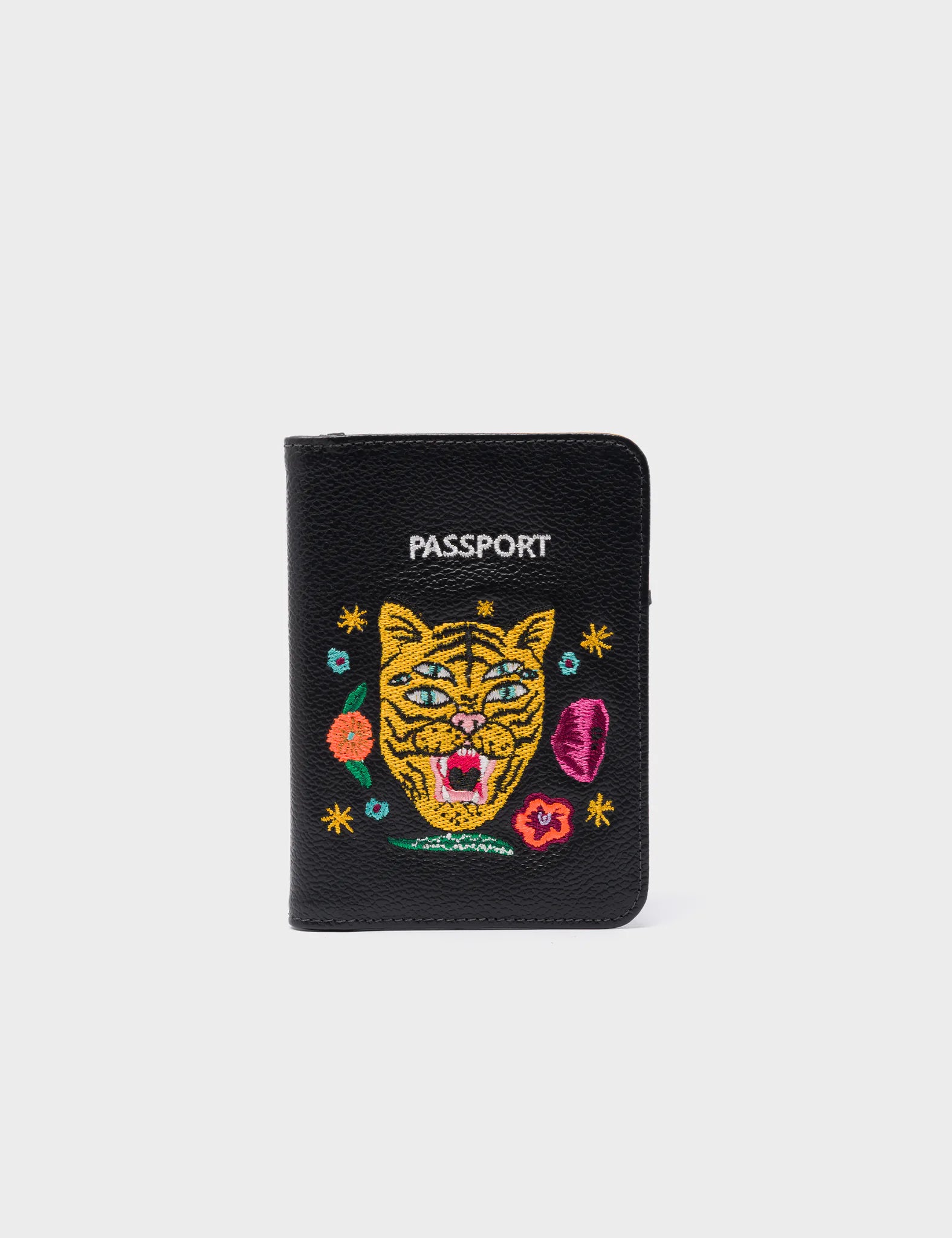 Frida Black Leather Passport Holder with Tiger & Floral Embroidery - Stylish Travel Accessory for Women & Men, Perfect for International Trips & Vacations