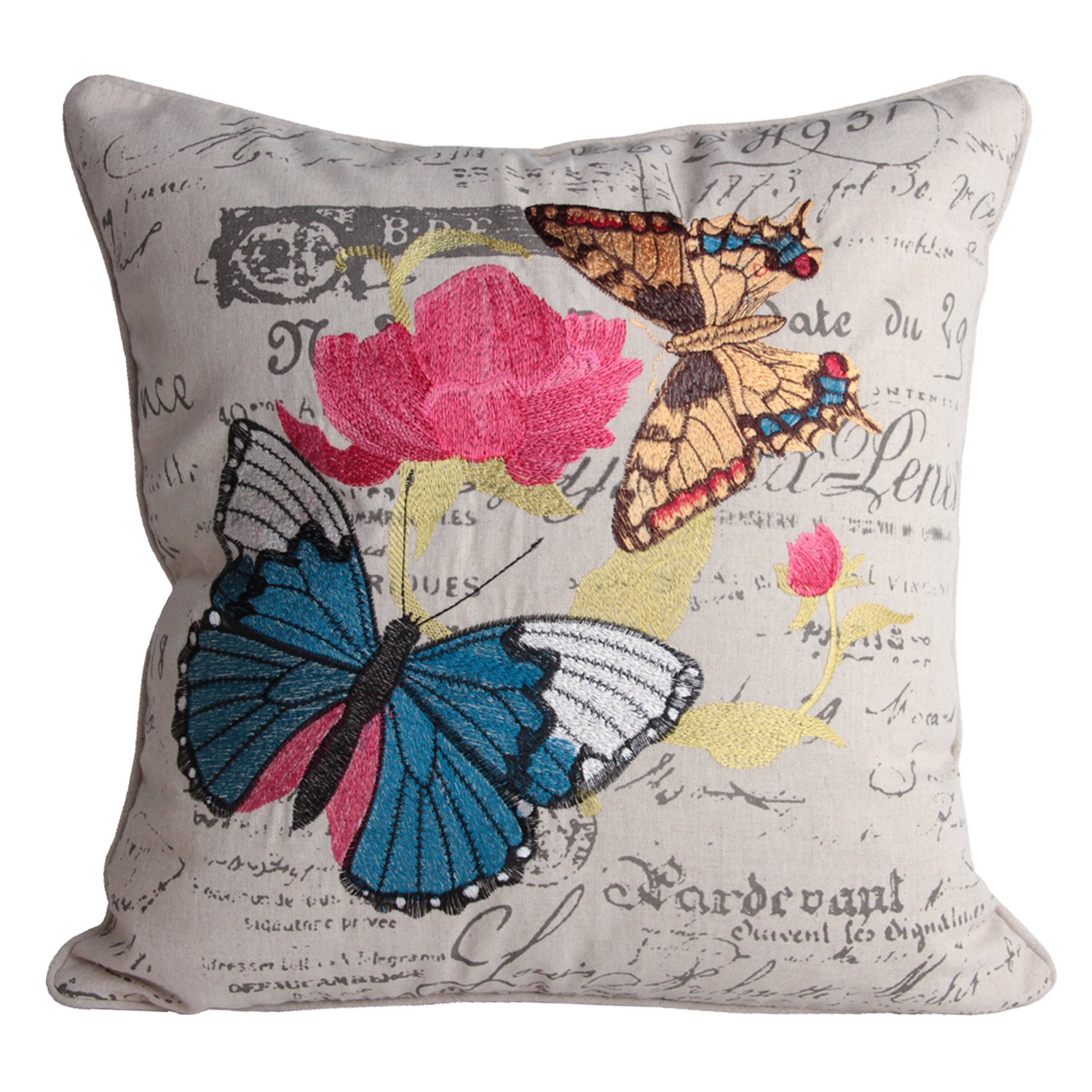 Queenie® 18x18 Inch Cotton Linen Embroidery Pillow Cover - Decorative Throw Pillow Case for Sofa, Bed & Couch (45x45 cm, Butterfly Design) | Home Decor, Living Room & Bedroom Accent