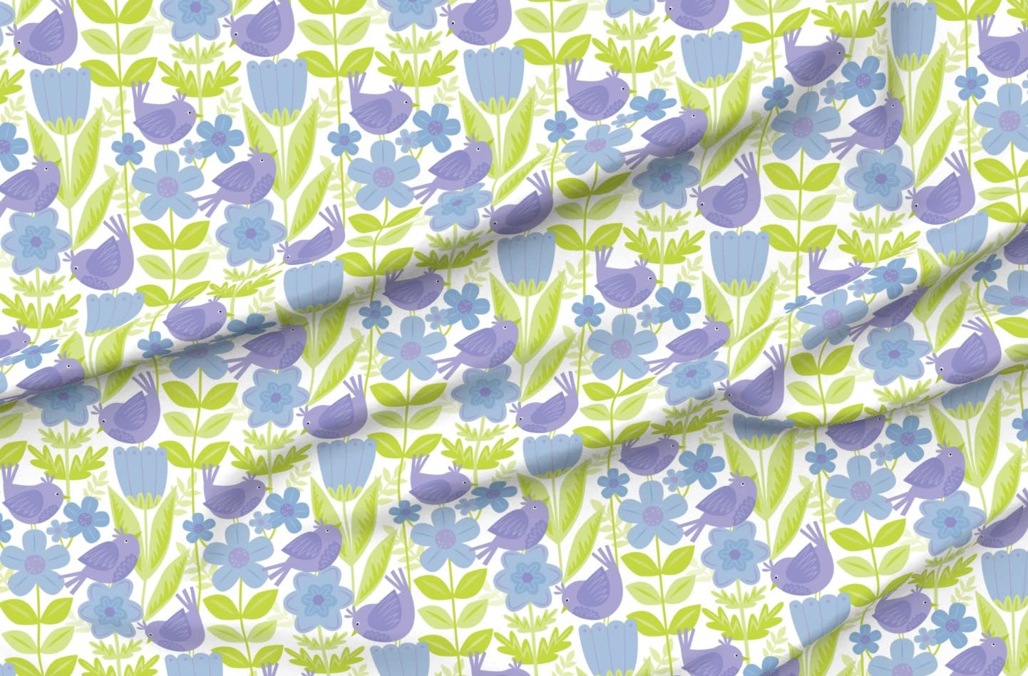Purple Birds & Floral Tulips Scandinavian Print Chiffon Fabric by The Yard - Spring Garden Design for Sewing Dresses, Fashion Apparel & Home Decor | DIY Craft, Curtains, Pillow Covers & Quilting Projects