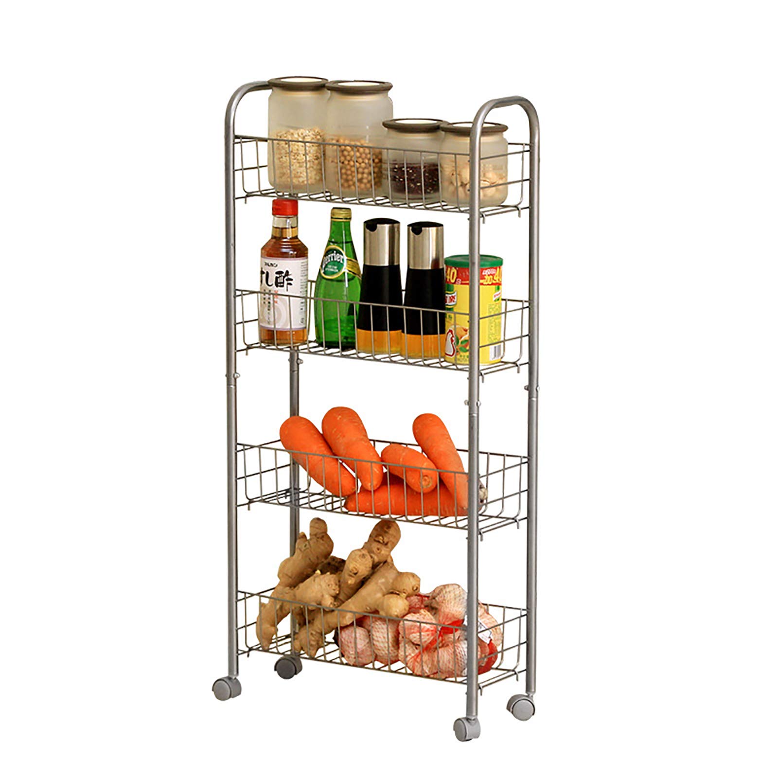 360-Degree Wheel Rolling Storage Cart with 4-Tier Shelves | Slide-Out Organizer for Small Spaces | Silver Metal Utility Cart for Kitchen, Bathroom, Office & Garage Organization
