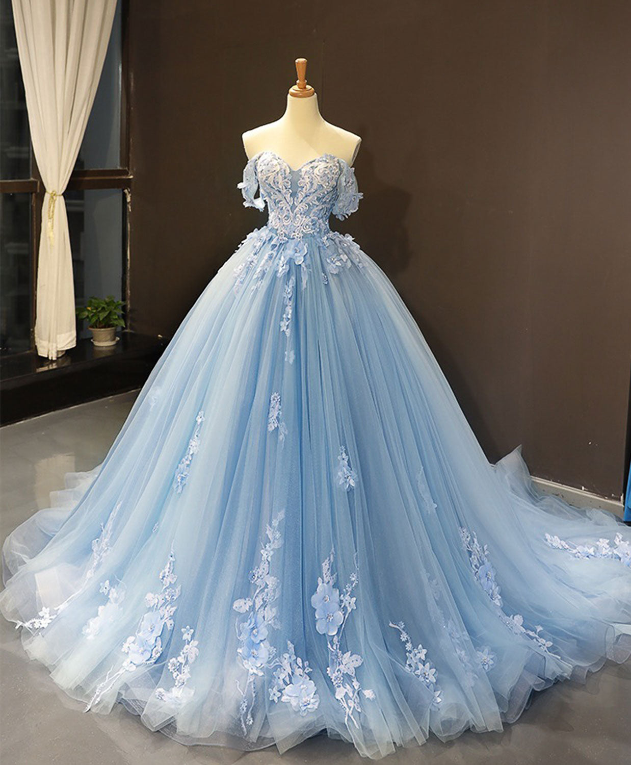 Elegant Blue Off Shoulder Tulle Lace Long Prom Dress - Formal Ball Gown Evening Dress for Homecoming, Wedding, Quinceañera & Special Occasions