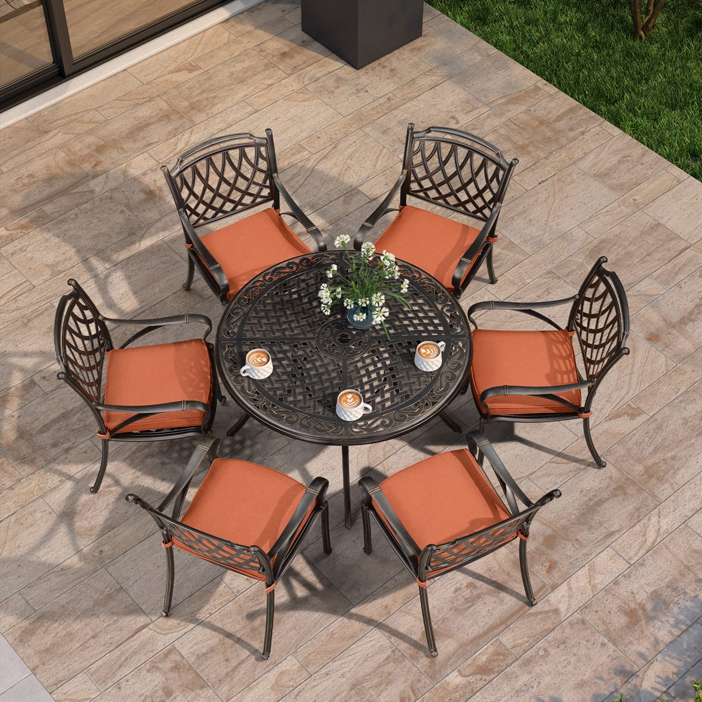 PURPLE LEAF 7-Piece Outdoor Dining Set - Cast Aluminum Patio Furniture with 6 Armchairs & 47