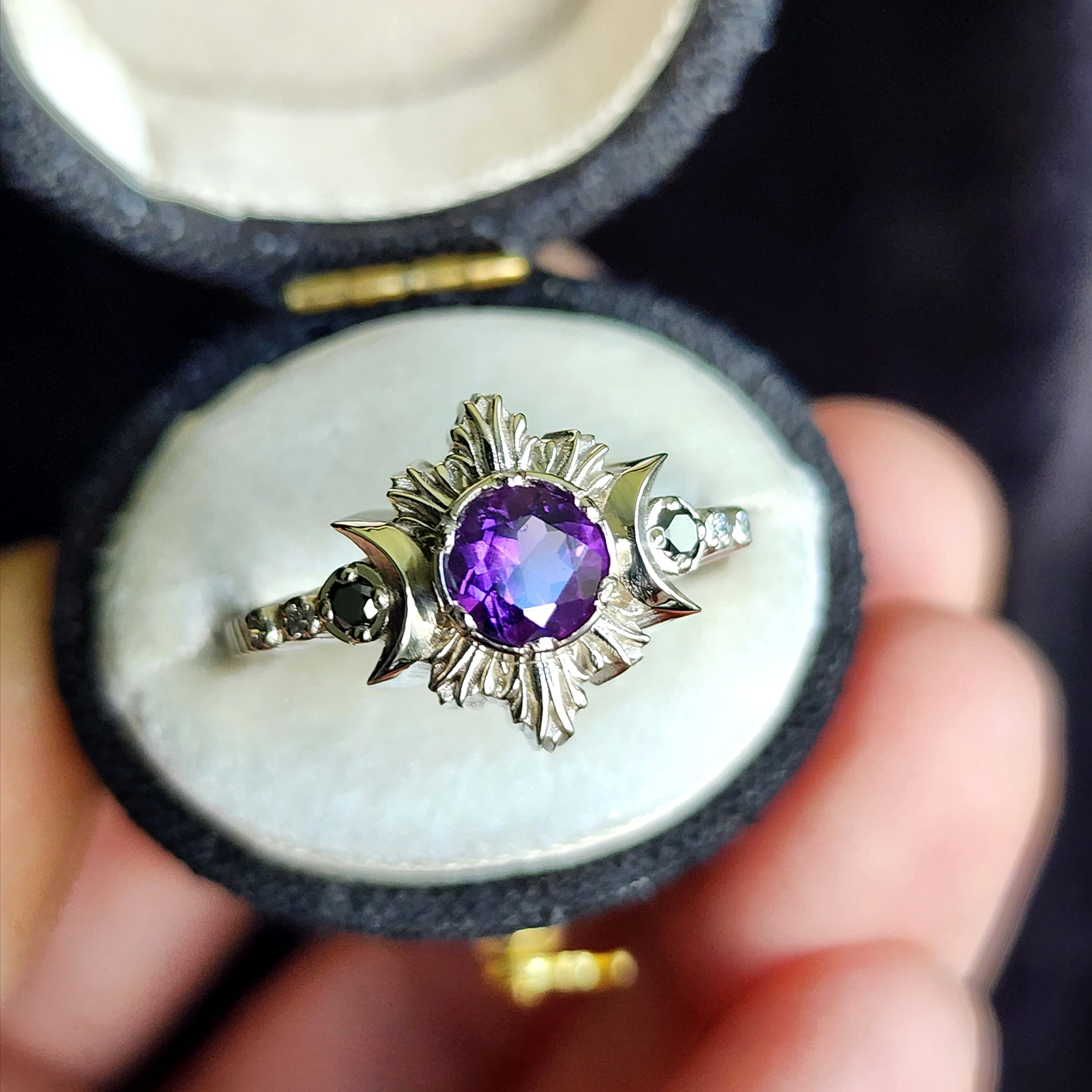 Ready to Ship Size 5-7 Amethyst Moon Fire Unique Engagement Ring with Black & White Diamonds in 14k Palladium White Gold – Perfect for Weddings, Proposals & Special Occasions