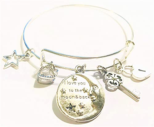 Moon Charm Bracelet - Sterling Silver Stackable Bangle with Heart Pendant - Romantic Gift for Her, Wife, Girlfriend, Daughter - Perfect for Anniversaries, Valentine's Day & Birthday Presents - 'Love You to the Moon' Jewelry for Everyday Wear & Special Occasions