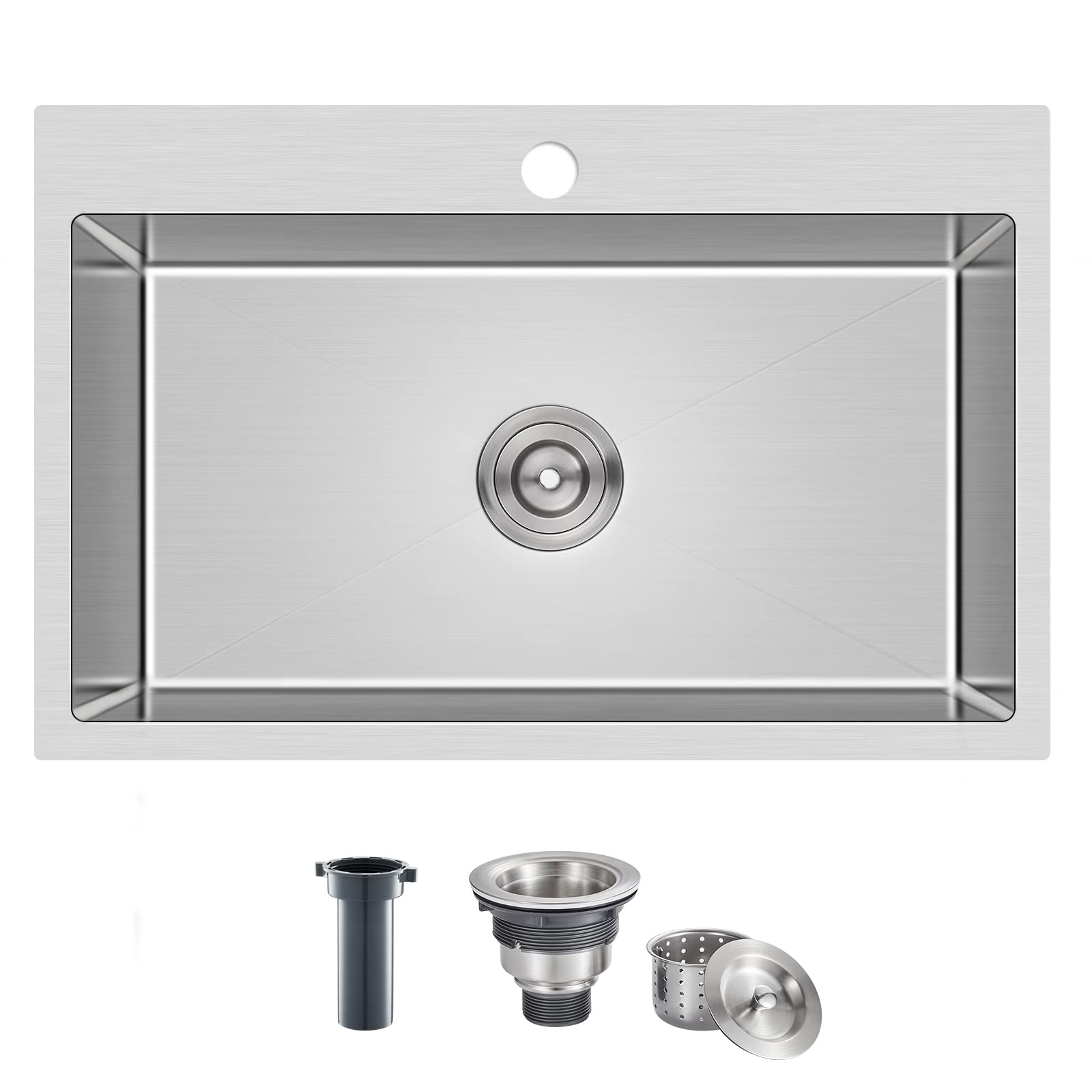 ROVATE 28×18 Inch Drop-in Kitchen Sink - Handmade 304 Stainless Steel Single Bowl Sink, 18 Gauge 9 Inch Deep Topmount with Basket Strainer - Perfect for Modern Farmhouse, Apartment & RV Kitchens