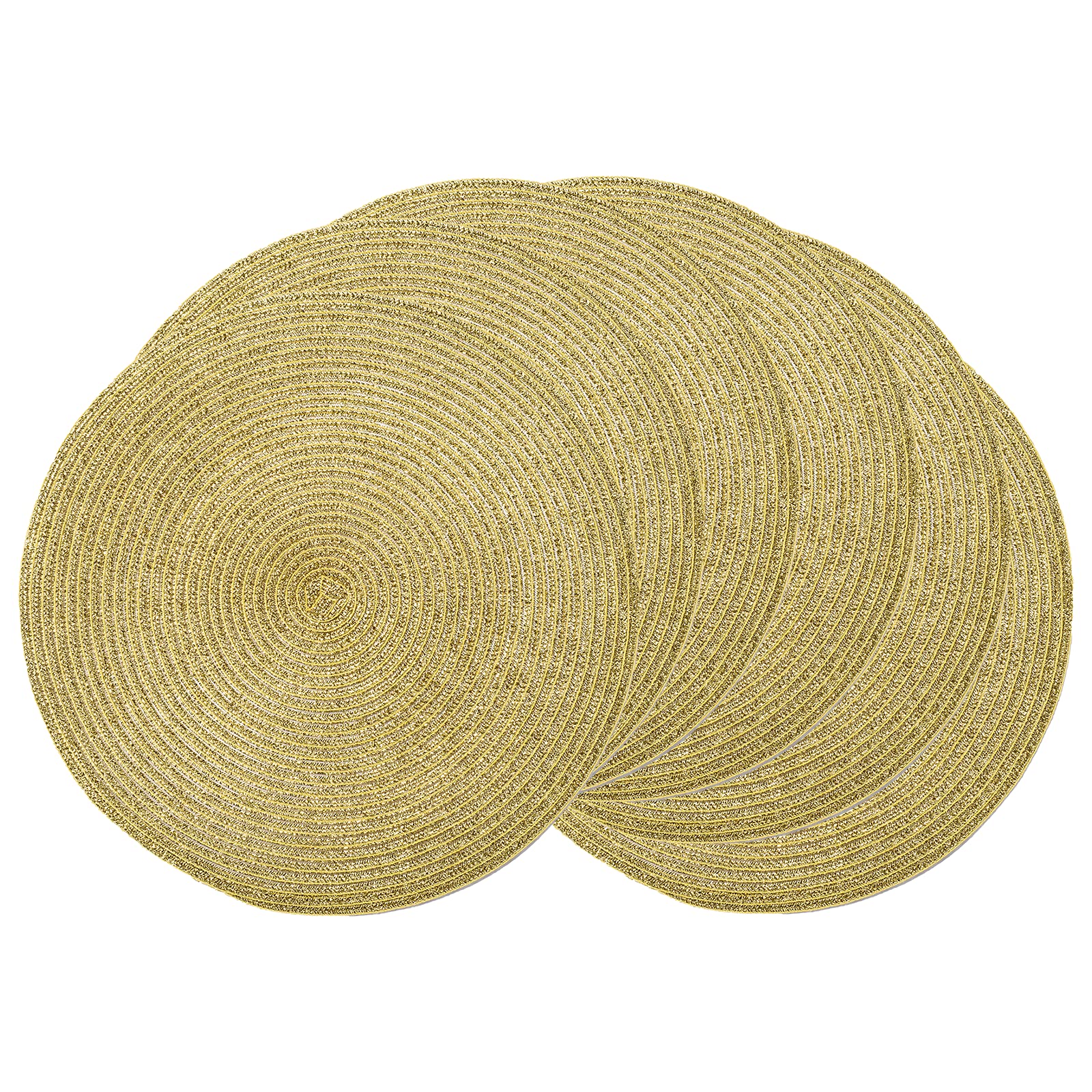 AHHFSMEI 15 Inch Round Braided Placemats Set of 6 - Natural Woven Heat Resistant Table Mats for Dining, Kitchen, and Outdoor Use (Gold Shine) - Perfect for Dinner Parties, Picnics, and Home Decor