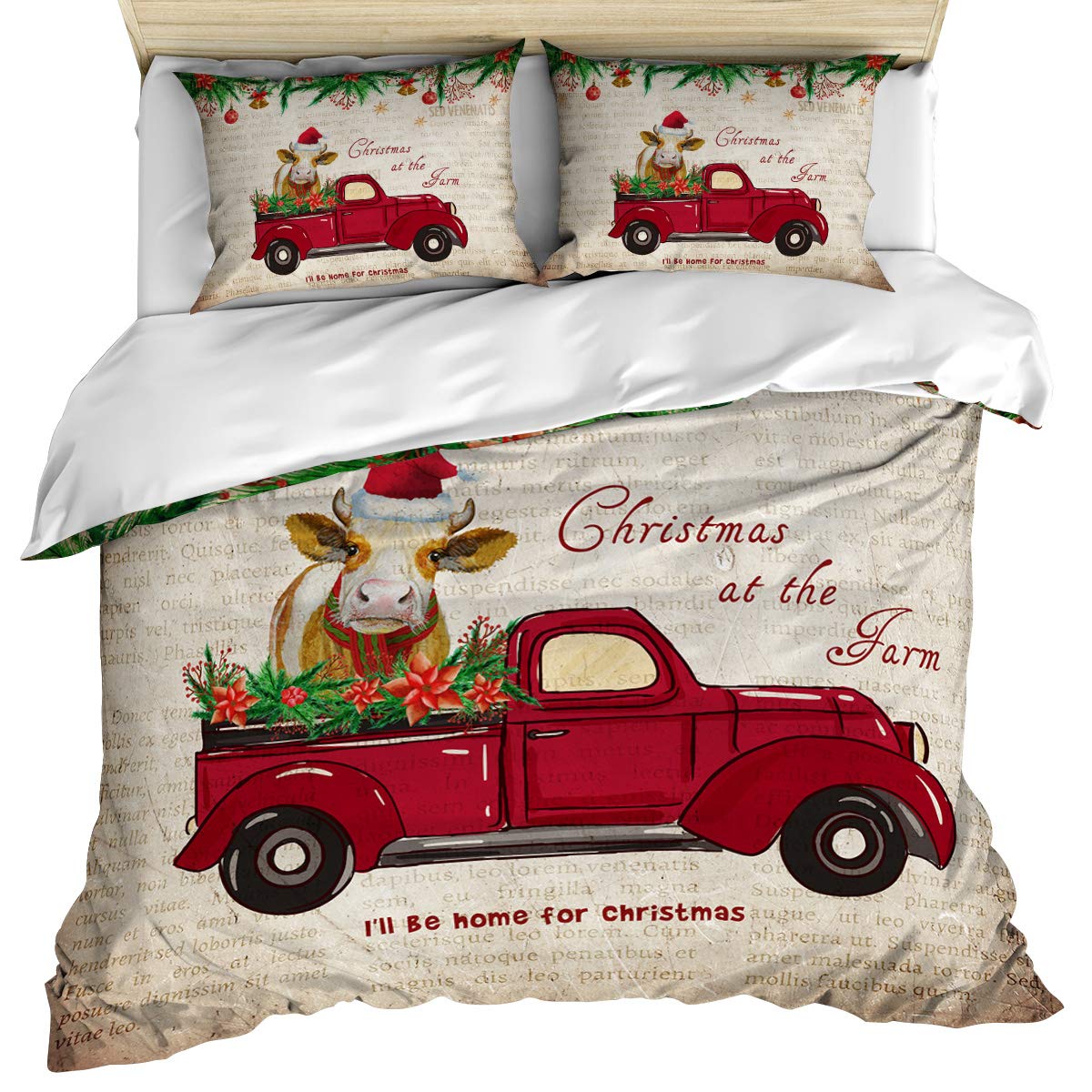 Merry Christmas Truck Cow Full Size 3-Piece Bedding Set - Ultra Soft Breathable Duvet Cover & Pillow Shams, Farmhouse Winter Berry Holly Design All-Season Microfiber Bed Sheets for Cozy Holiday Home Decor