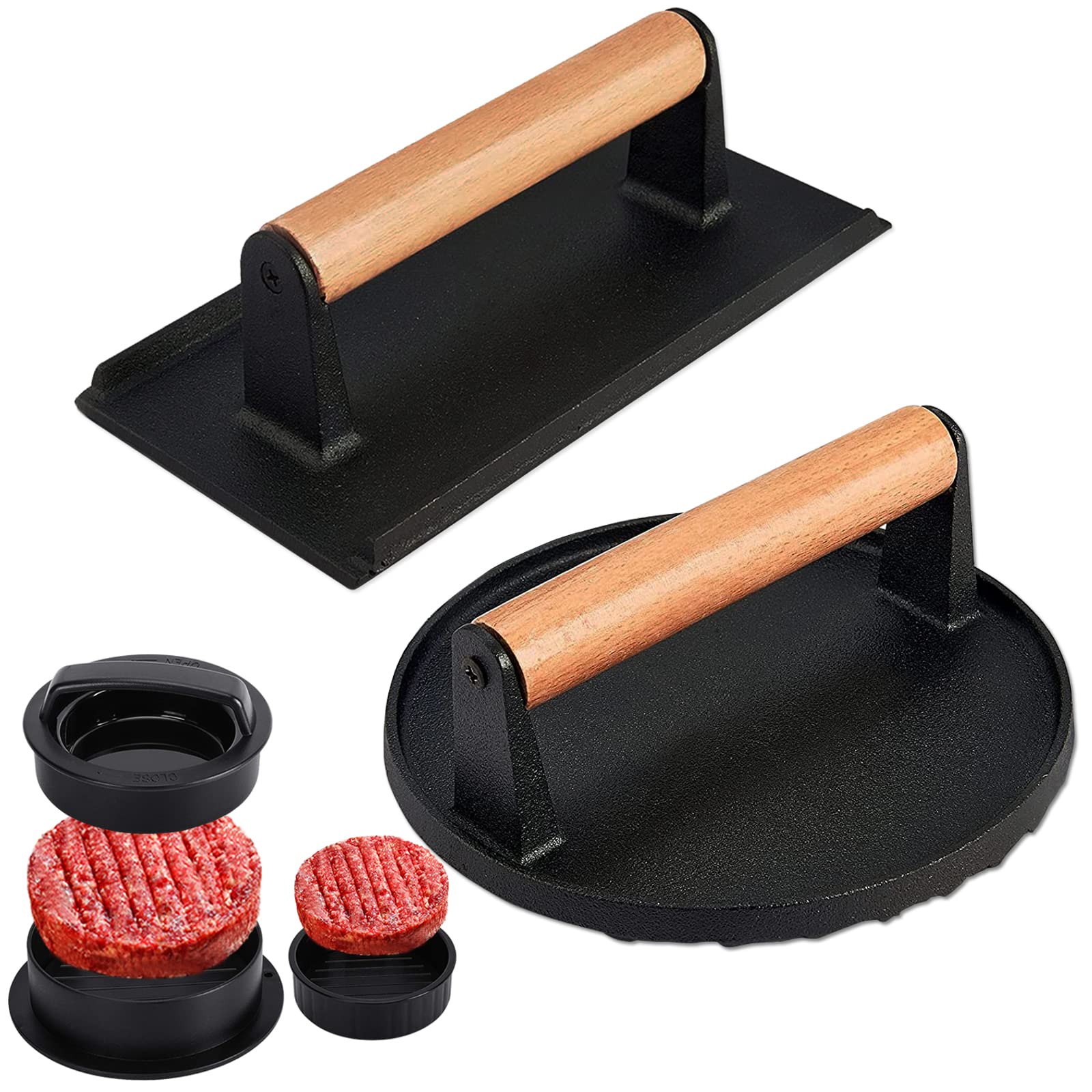 3PCS Smash Burger Press Kit - Round & Rectangle Cast Iron Grill Press with Upgraded Wooden Handle for Blackstone, Camp Chef, Pitboss - Perfect for Backyard BBQs, Camping & Restaurant Burgers