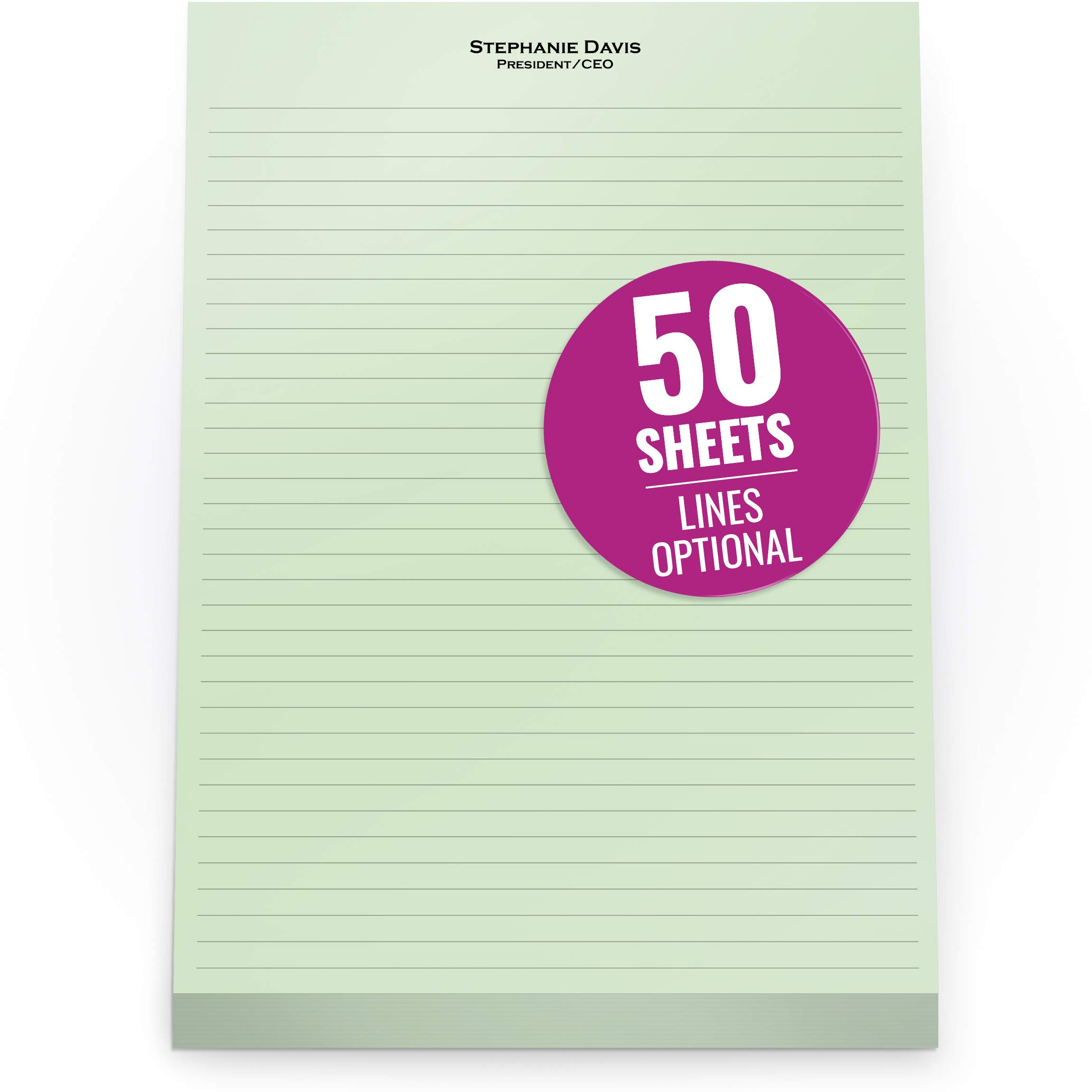 Custom Printed Green Notepads 8.5 x 11 Inches - Personalized Memo Pads with Company Name, Ruled/Blank Options - 50 Sheets per Pad, 16 Pads - Ideal for Office, School, and Home Organization