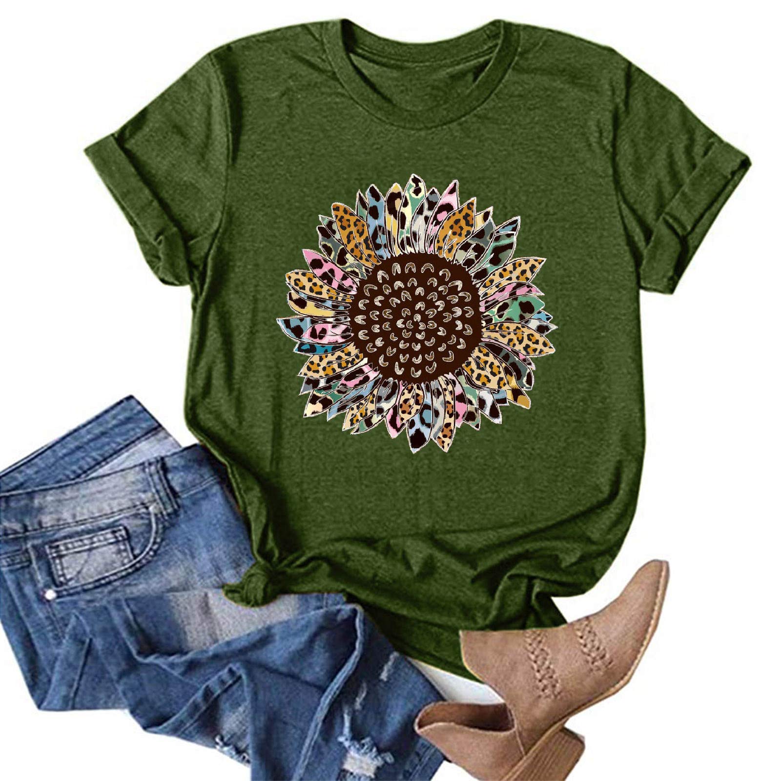 Women's Summer Tops - Casual Short Sleeve Sunflower Print T-Shirts & Tunics | Perfect for Beach Outings, Vacation Wear & Casual Everyday Style