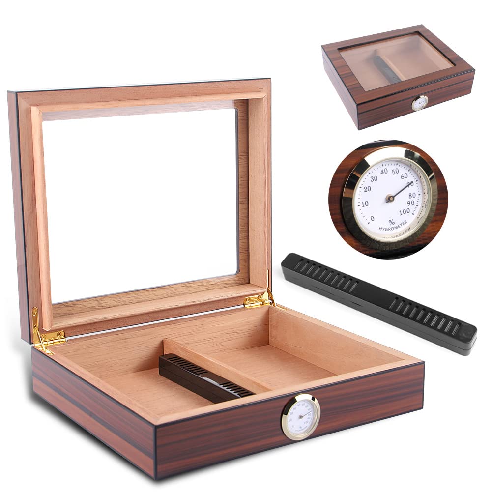 Premium Spanish Cedar Wood Cigar Humidor Box with Glass Top, Built-in Humidifier, Hygrometer & Divider - Holds 20-30 Cigars - High Gloss Finish Desktop Humidor for Cigar Storage & Aging - Perfect for Home, Office or Gifts for Cigar Enthusiasts