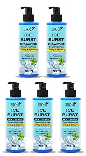 BROER Ice Burst Body Wash with Menthol & Peppermint Oil - Cooling Shower Gel for Men & Women | Instant Freshness, SLS & Paraben Free | 1000ml (Pack of 5) | Perfect for Post-Workout, Hot Summer Days & Refreshing Morning Showers