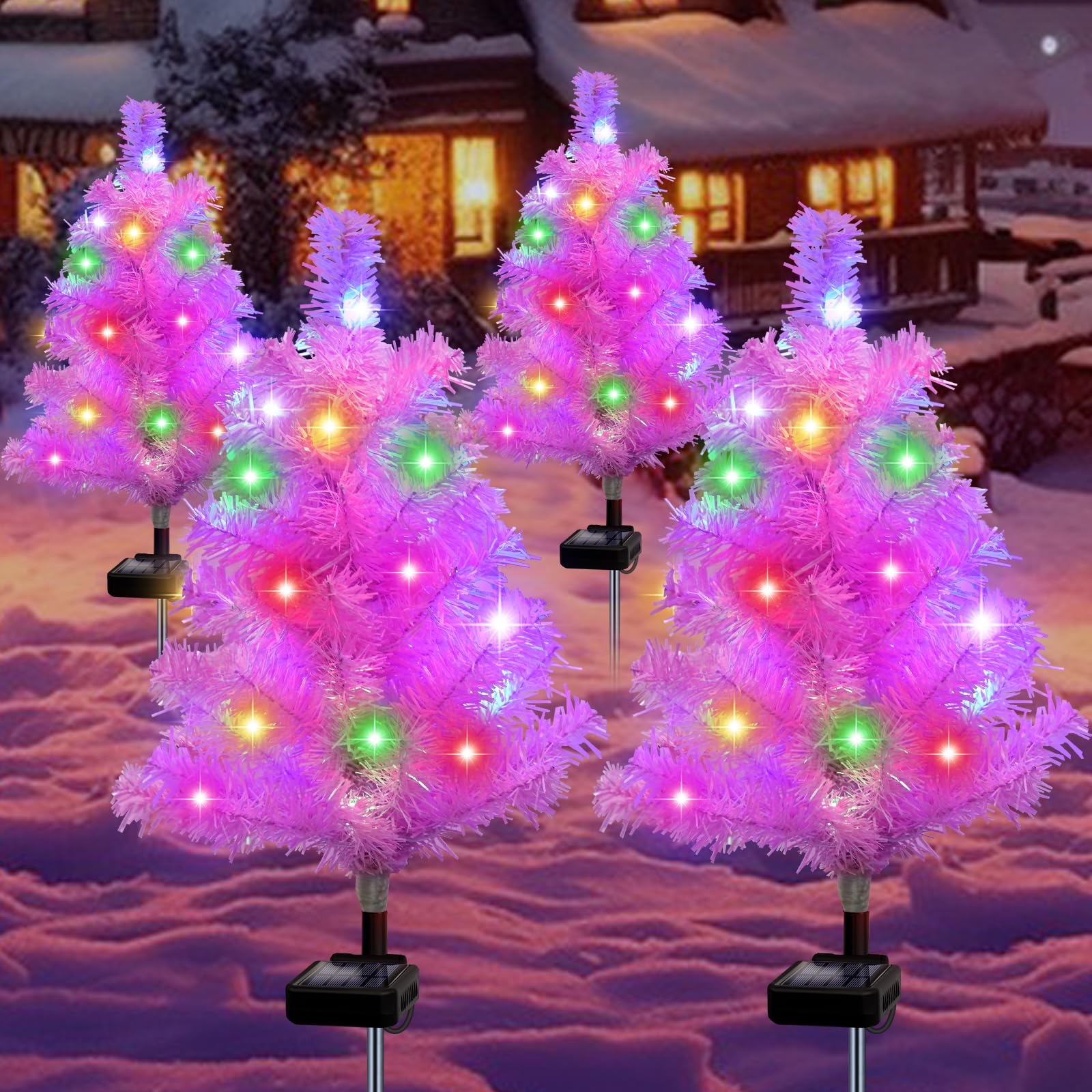 4 Pack Solar Christmas Tree Lights - Pink Waterproof Outdoor Garden Stake Lights for Pathway, Patio & Yard Decor | Perfect for Holiday, Christmas & Winter Decorations