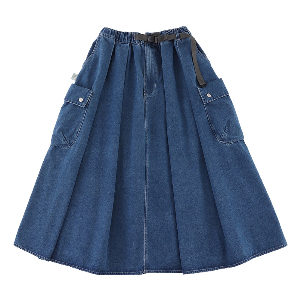 ASUSL Cargo Denim Flare Skirt - Women's High Waist Stretch Jeans Skirt in Denim Blue | Perfect for Casual Outfits, Street Style & Everyday Wear