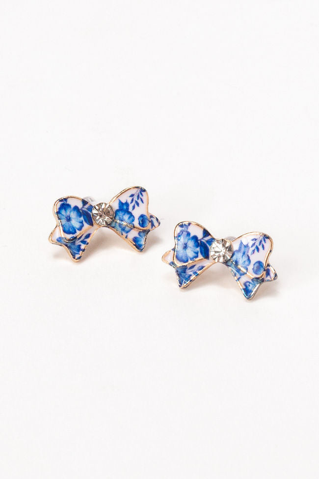 Blue Floral Printed Bow Earrings for Women - Elegant Dainty Stud Earrings for Daily Wear, Parties & Gifts | Hypoallergenic Fashion Jewelry