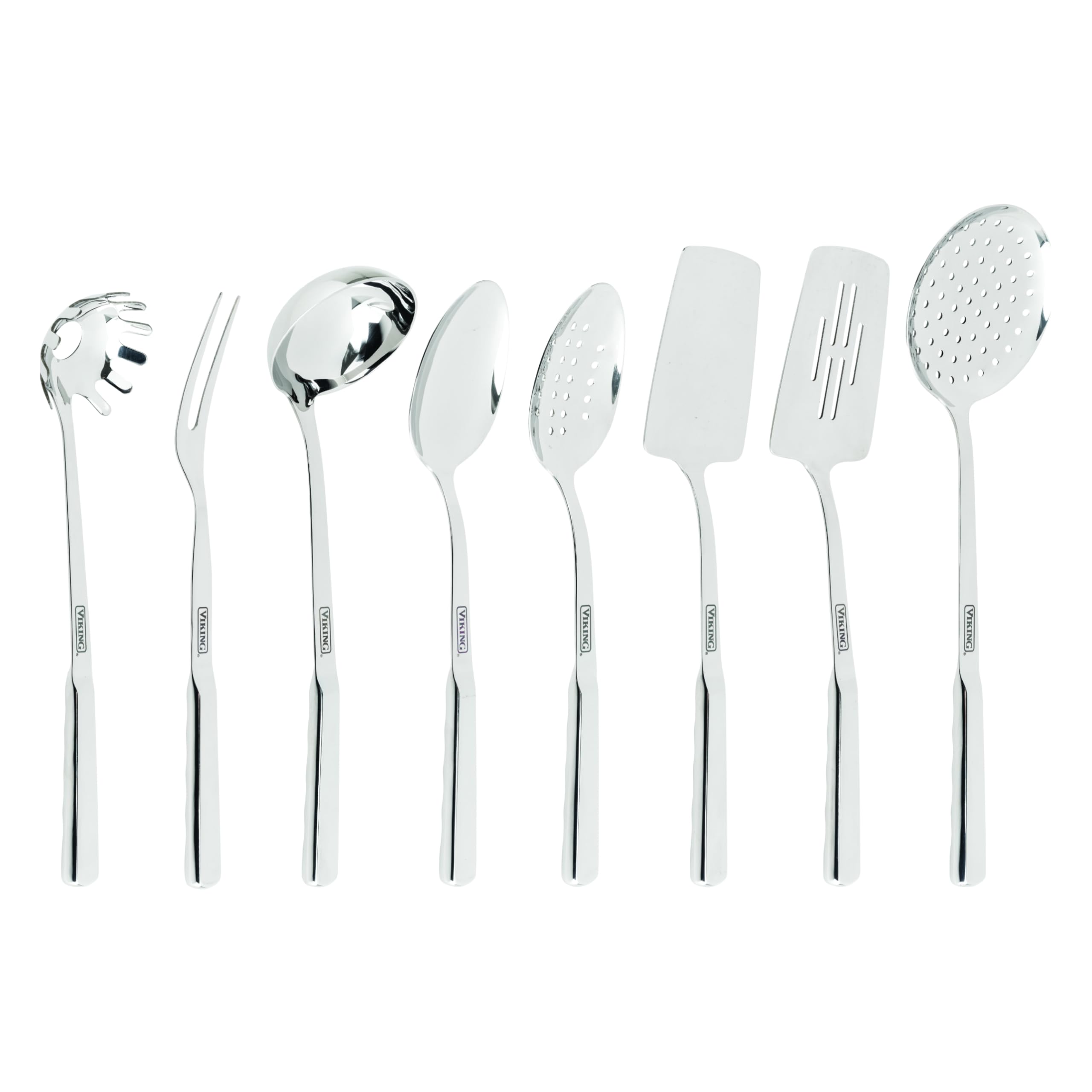 Premium 8-Piece Stainless Steel Viking Kitchen Utensil Set - Spatula, Spoon, Pasta Fork, Ladle, Meat Fork & Skimmer - Durable Silver Cooking Tools for Professional Chefs & Home Cooks - Perfect for Baking, Grilling, Frying & Everyday Meal Prep
