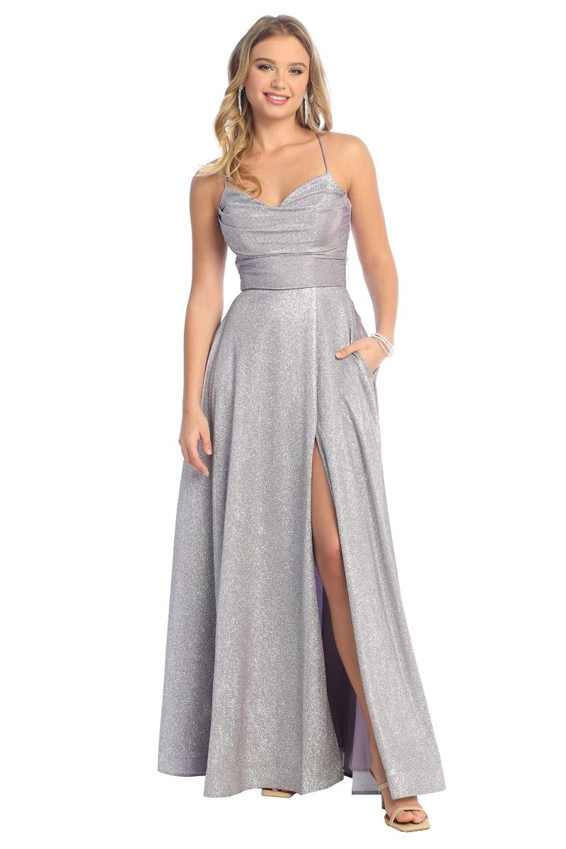Cindy Collection 1774 Sparkling A-Line Dress with Slit Leg & Pockets - Elegant Party, Wedding Guest & Evening Occasion Wear