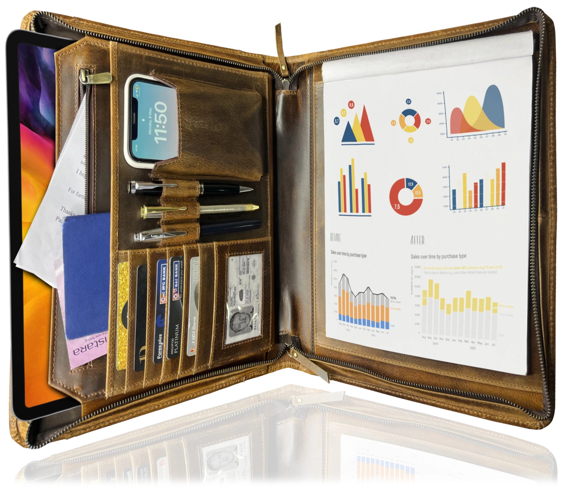 Premium Kingsman Business Leather Padfolio - Antique Brown, Professional Portfolio Organizer for Meetings, Presentations & Office Use