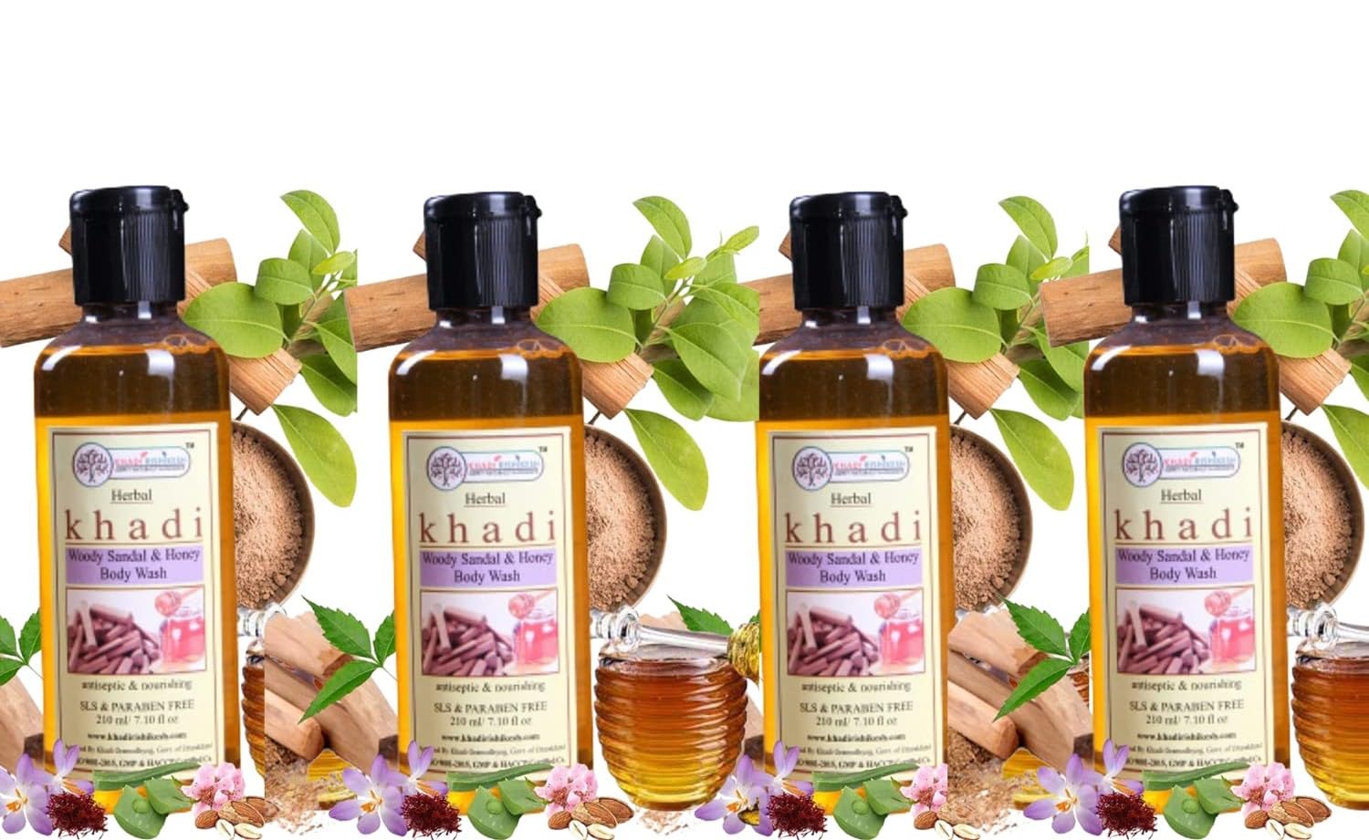 Khadi Rishikesh Herbal Sandalwood & Honey Body Wash for Glowing Skin - Tightens Pores, Removes Tan, Prevents Acne - Pack of 4 (4X210ml) - Perfect for Daily Skincare & Spa-Like Bath Experience