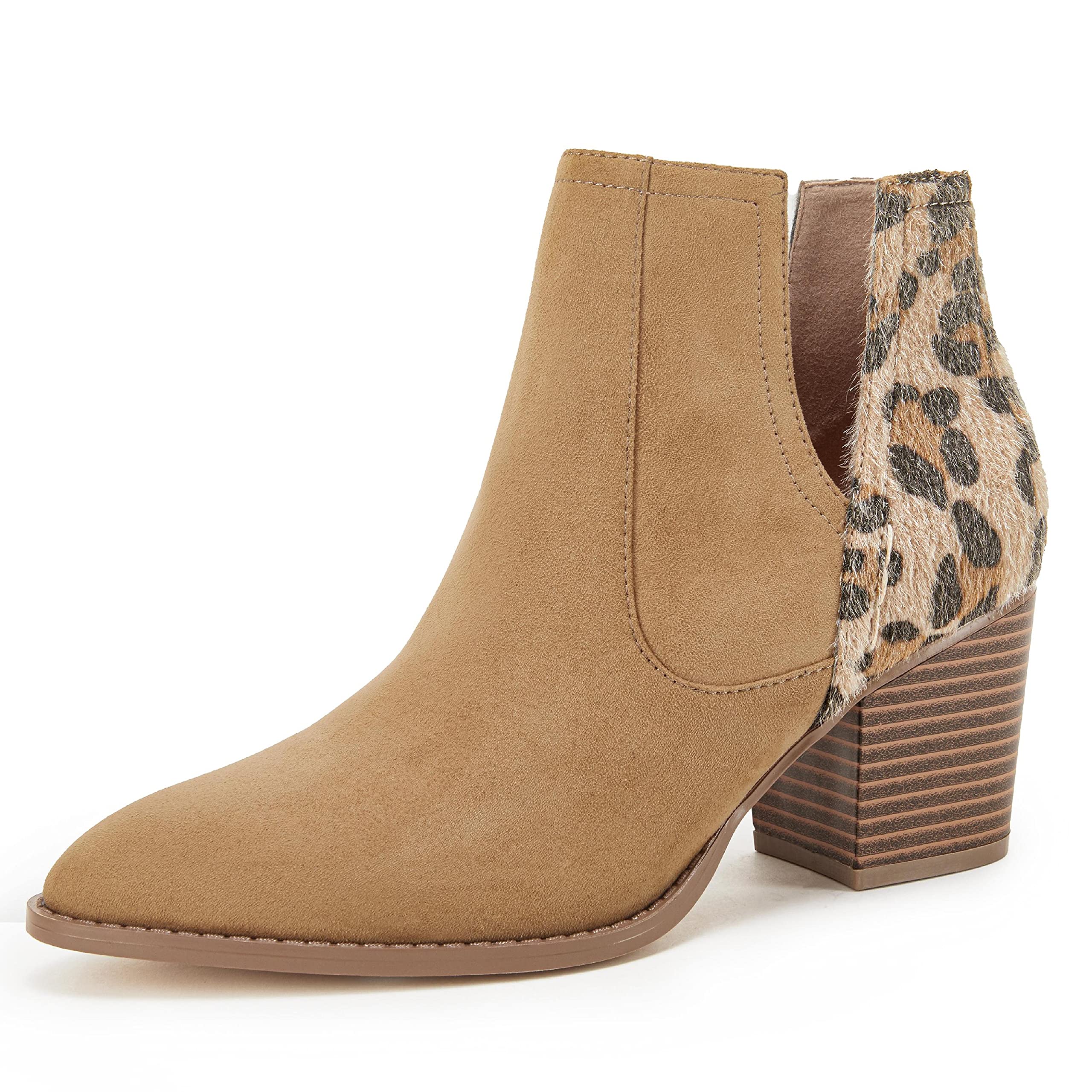 Women's Slip-On Ankle Booties - Pointed Toe Snakeskin Print Chunky Stacked Mid Heel Cutout Boots for Work, Party & Night Out