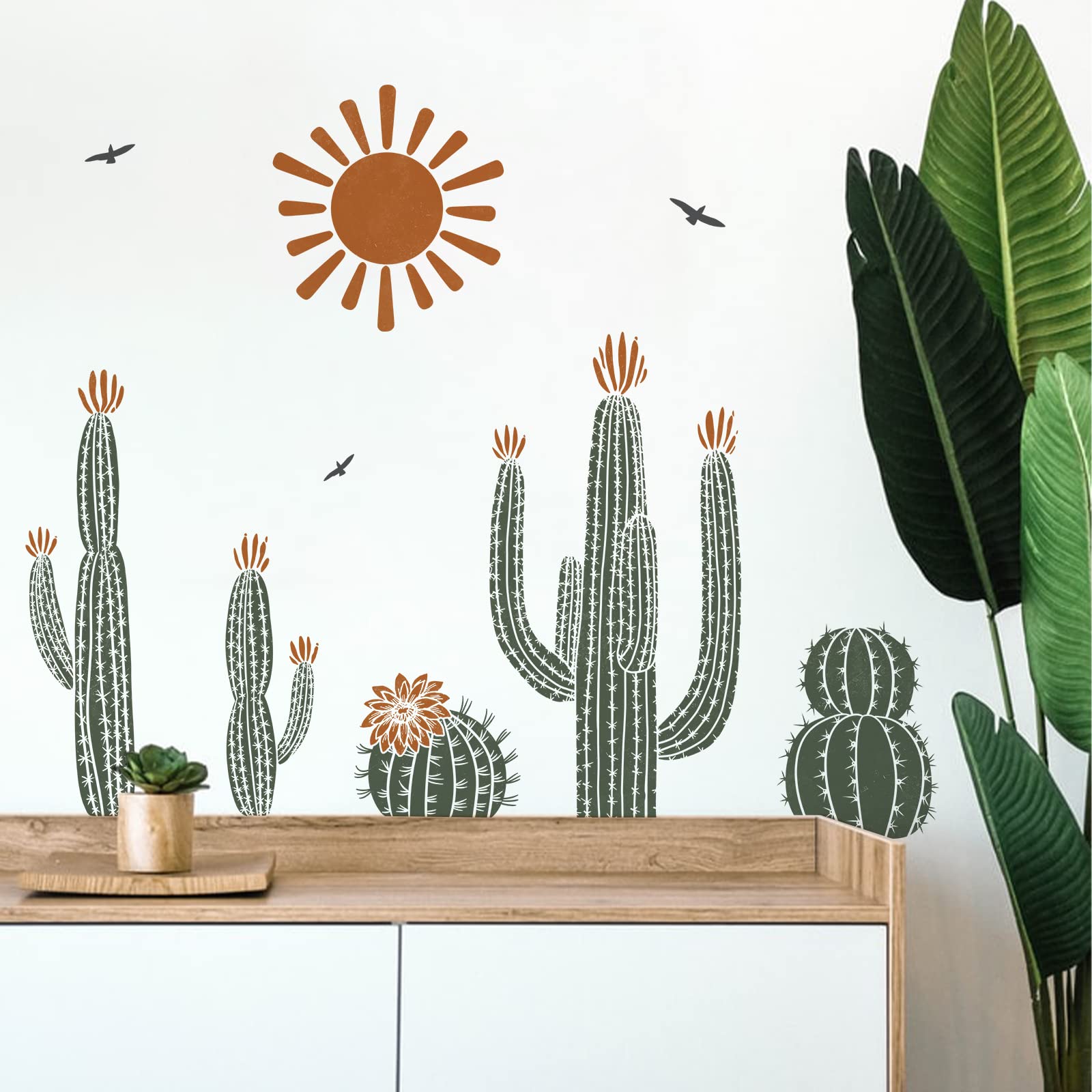 Boho Cactus Wall Decals - Self-Adhesive Botanical Stickers for Nursery, Kids Bedroom & Classroom Decor | Green Plant Sun Design | Neutral Bohemian Playroom & Toddler Room Art | Perfect for Home, Office and School Decorations