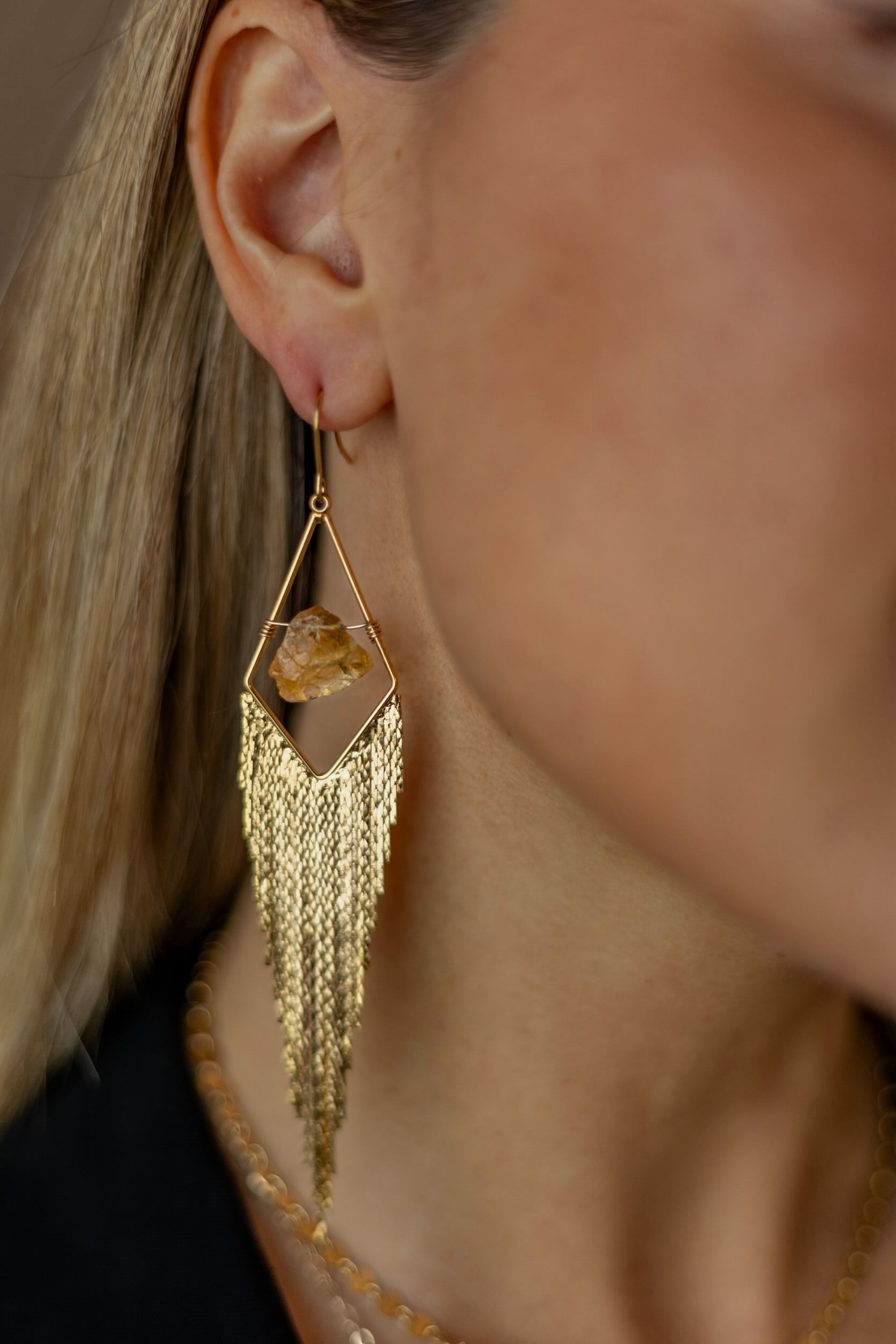 Joyful Girl Gold Fringe Citrine Earrings - Elegant Dangle Earrings for Women, 14K Gold Plated Gemstone Jewelry, Perfect for Parties, Weddings & Special Occasions