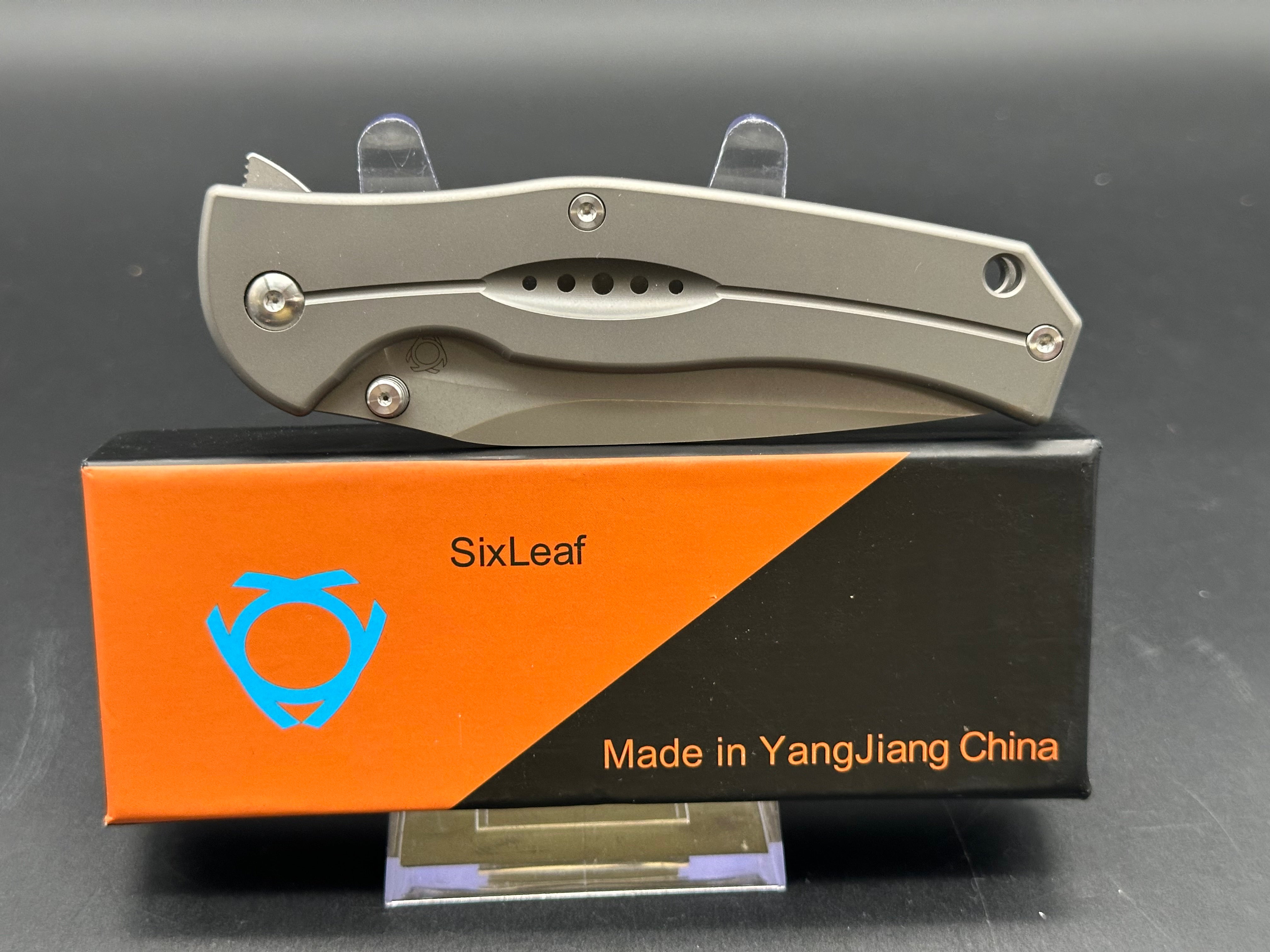 SixLeaf Flipper Folding Knife - Gray Titanium Handle, D2 Steel Plain Edge, SL-17 | EDC Pocket Knife for Outdoor, Camping & Everyday Carry