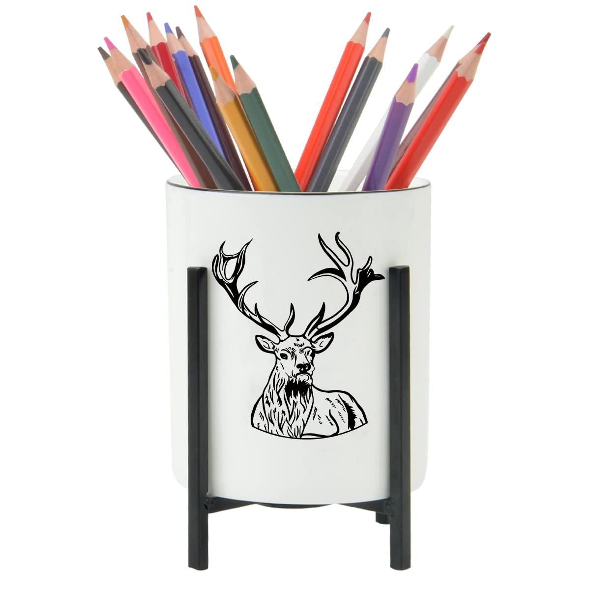 Premium Black Ceramic Pen Holder with Metal Frame - Deer Head Design Desk Organizer for Office & Classroom (4.72