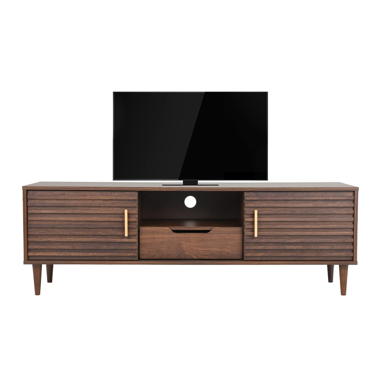 Mid-Century Modern TV Stand for 55/60/65 Inch TVs - Solid Wood Entertainment Center with Storage Drawer & Open Shelves - 59