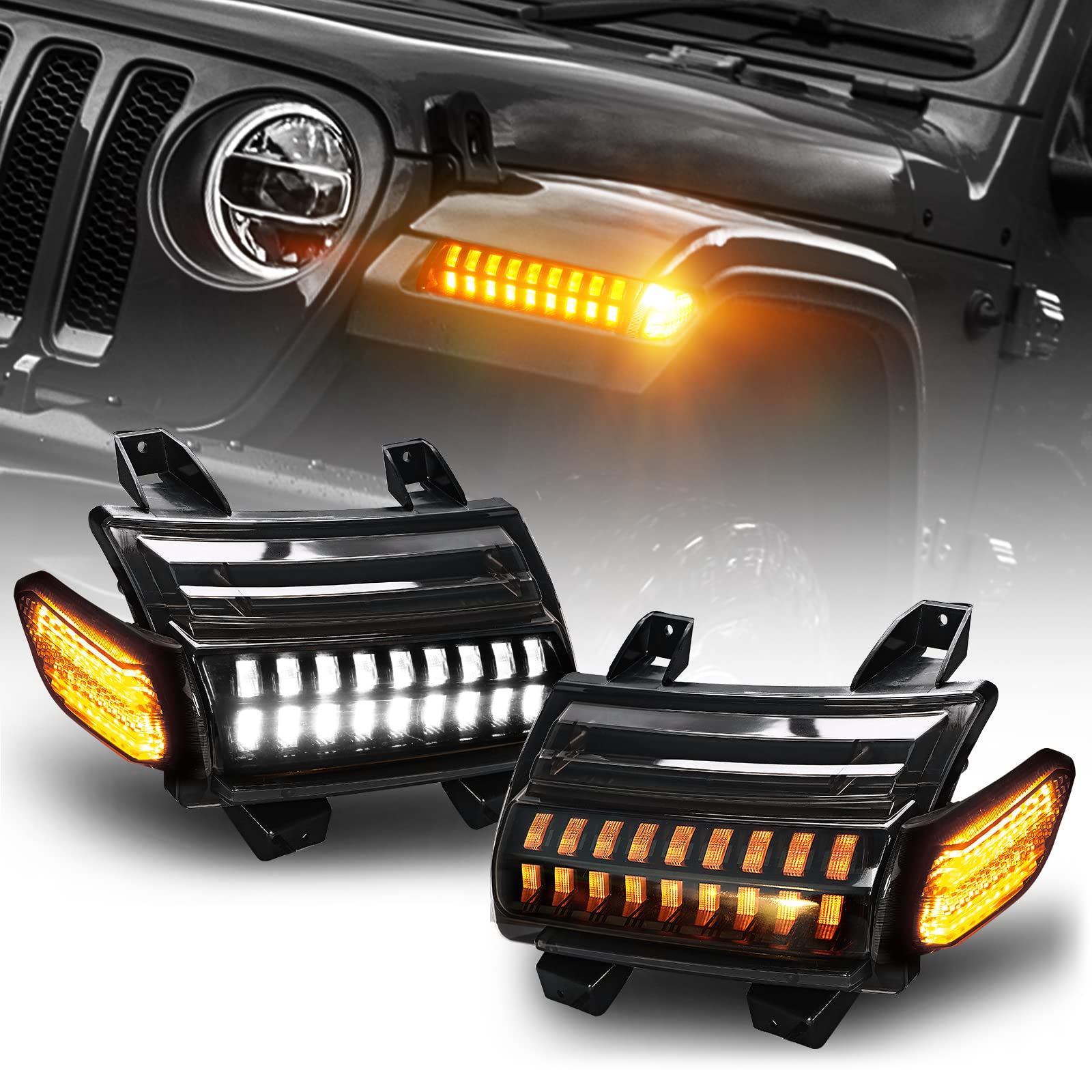 Jeep Wrangler JL LED Fender Lights with Side Marker Lights - Replacement for 2018-2022 Sahara, Rubicon & High Altitude Models - Compatible with Stock Halogen Turn Signals - Perfect for Off-Roading & Night Driving