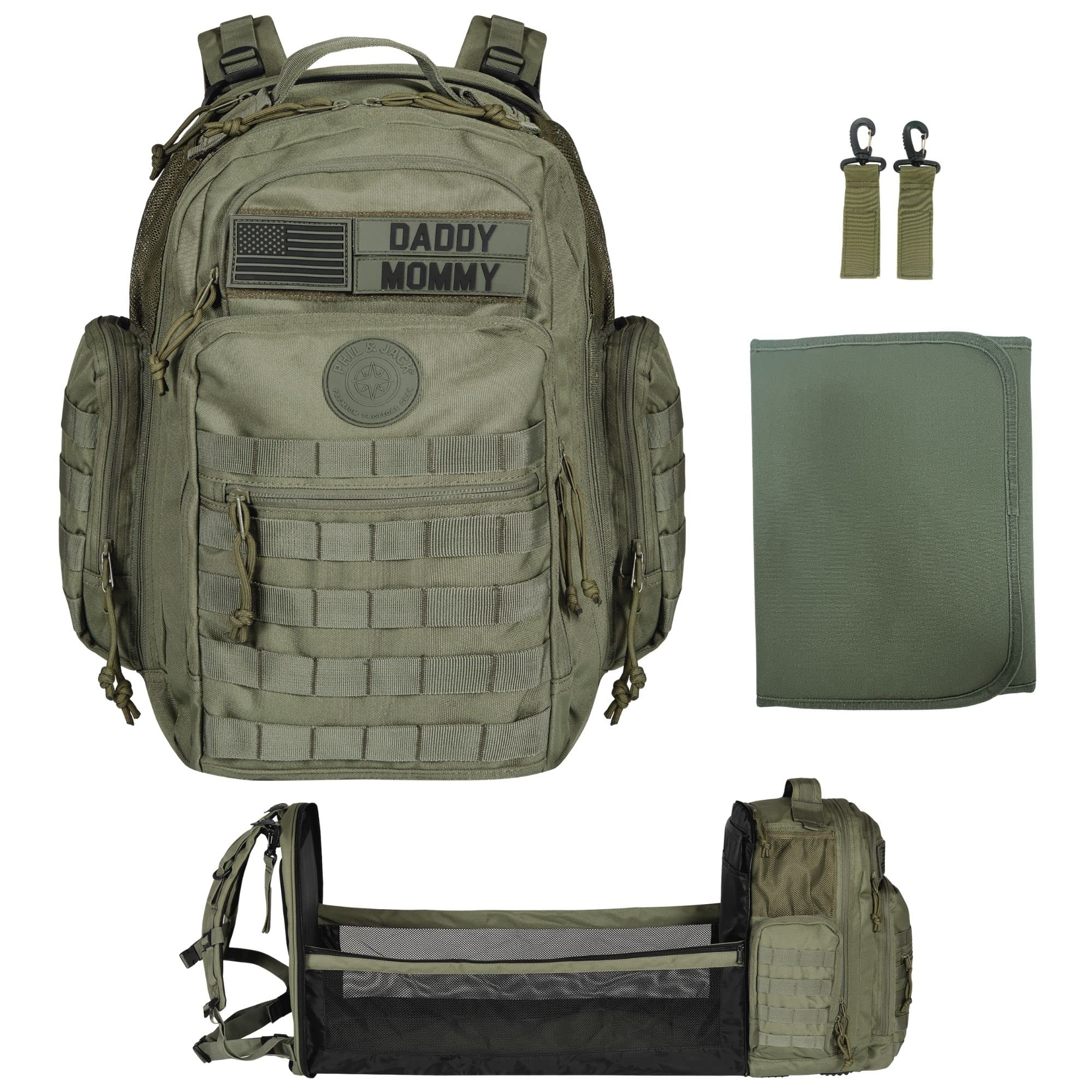 Phil & Jack Tactical Military Style Diaper Backpack for Men & Women - Baby Changing Station Included - Durable & Stylish (Military Green) - Perfect for Travel, Outings & Parenting On-The-Go
