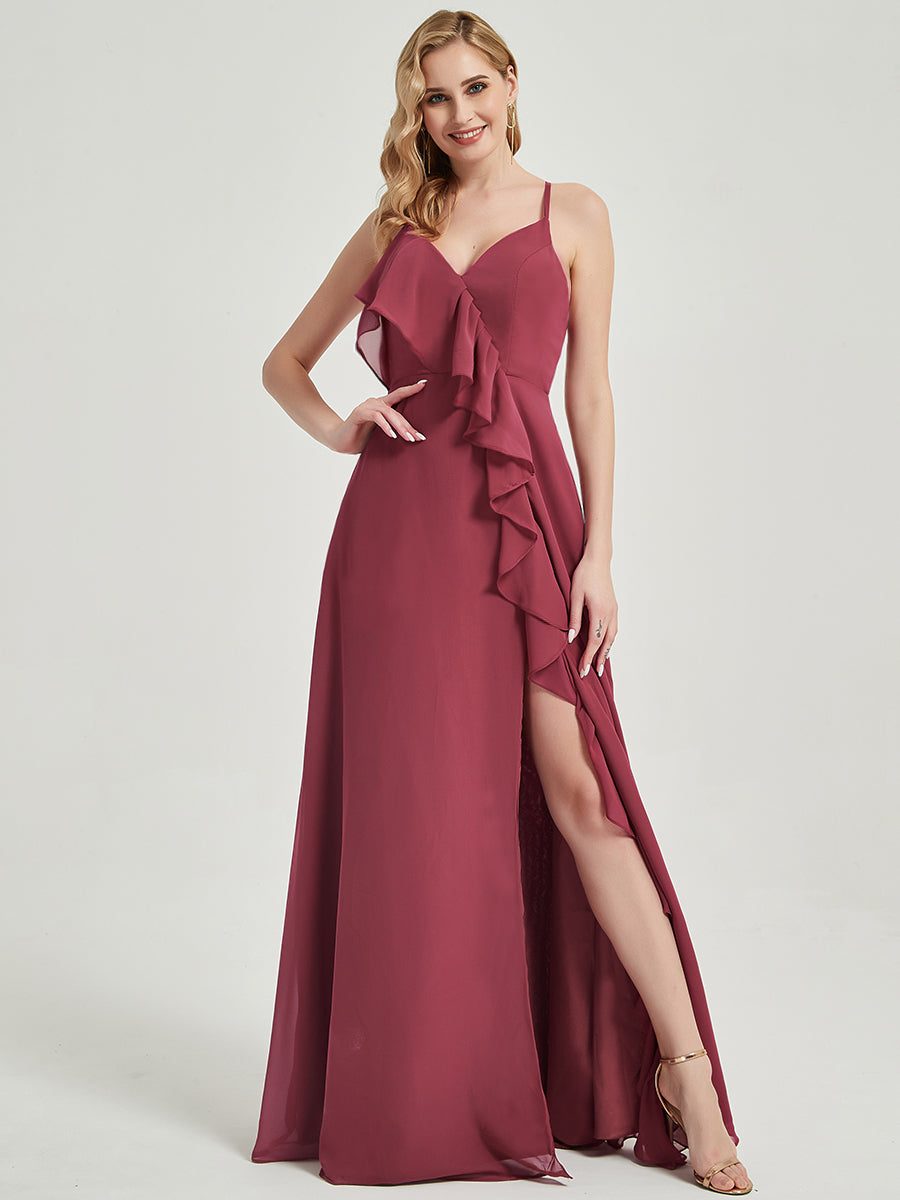 Elegant Cinnamon Rose Chiffon Bridesmaid Dress with Criss-Cross Straps, Ruffles & High Slit - Perfect for Weddings, Formal Events & Special Occasions