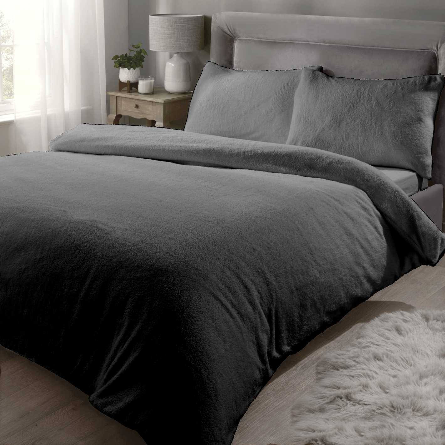 Sherpa Teddy Fleece Duvet Cover Set - Ultra Soft & Cozy King/Queen Size Bedding - Charcoal Grey - Perfect for Winter & Cold Weather Comfort