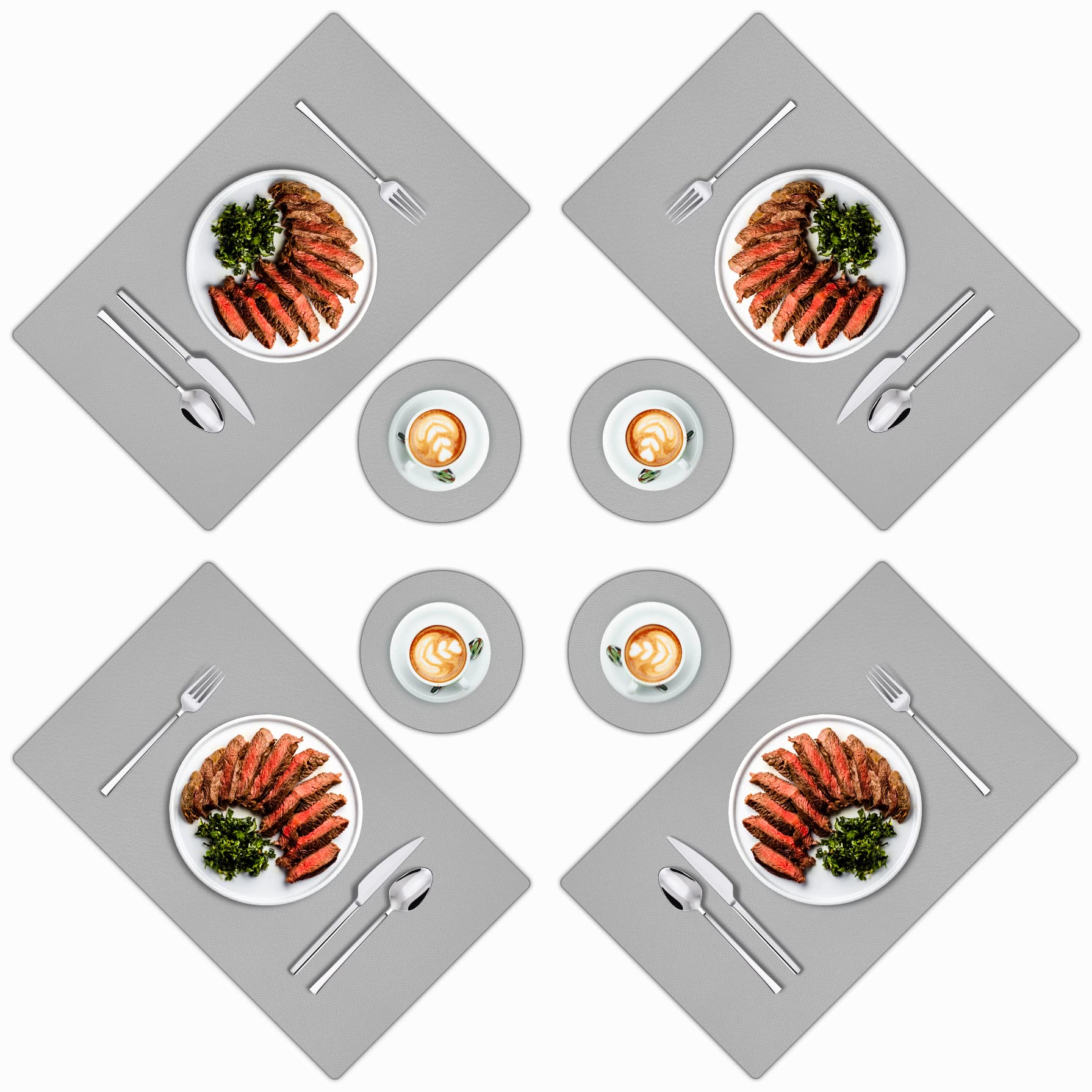 Premium Faux Leather Placemats Set of 4 with Matching Coasters - Spill Resistant, Washable & Easy Clean Dining Table Mats - Thick Modern Kitchen Placemats for Everyday Use (Grey) - Perfect for Dinner Parties, Family Meals & Home Decor