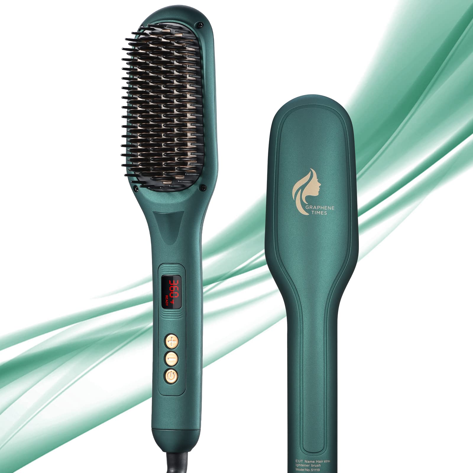 Ionic Hair Straightener Brush for Women - 16 Temperature Settings, MCH 30S Fast Heating, Anti-Scald Technology, LED Display, 60 Min Auto Shut Off - Perfect for Quick Styling at Home, Travel & Salon Use (Dark Green)