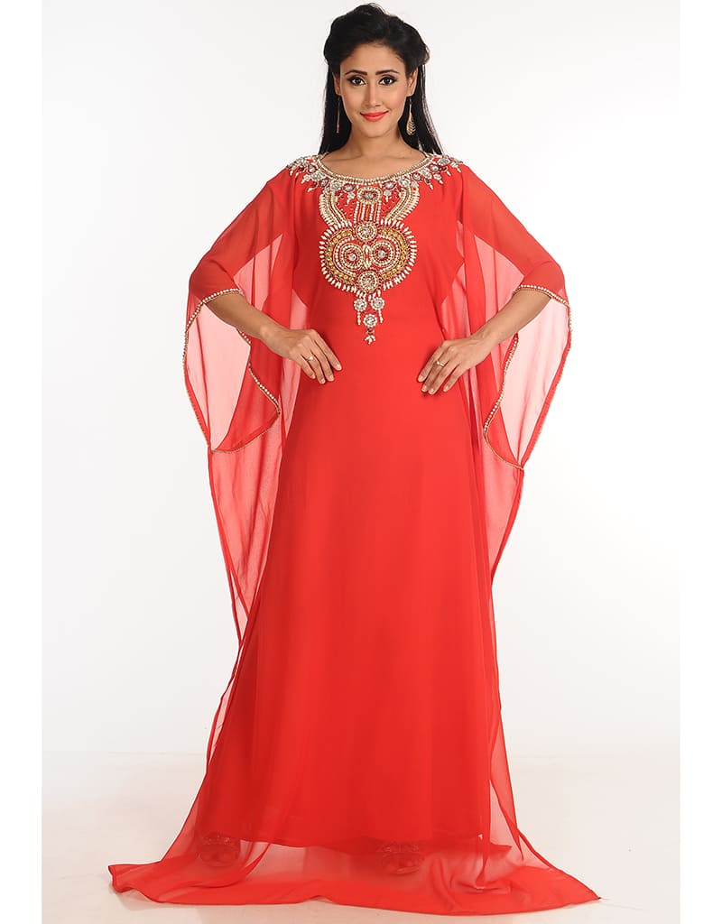 Exquisite Arabic Red Georgette Farasha with Handcrafted Zari Embroidery - Perfect for Weddings, Festivals & Special Occasions