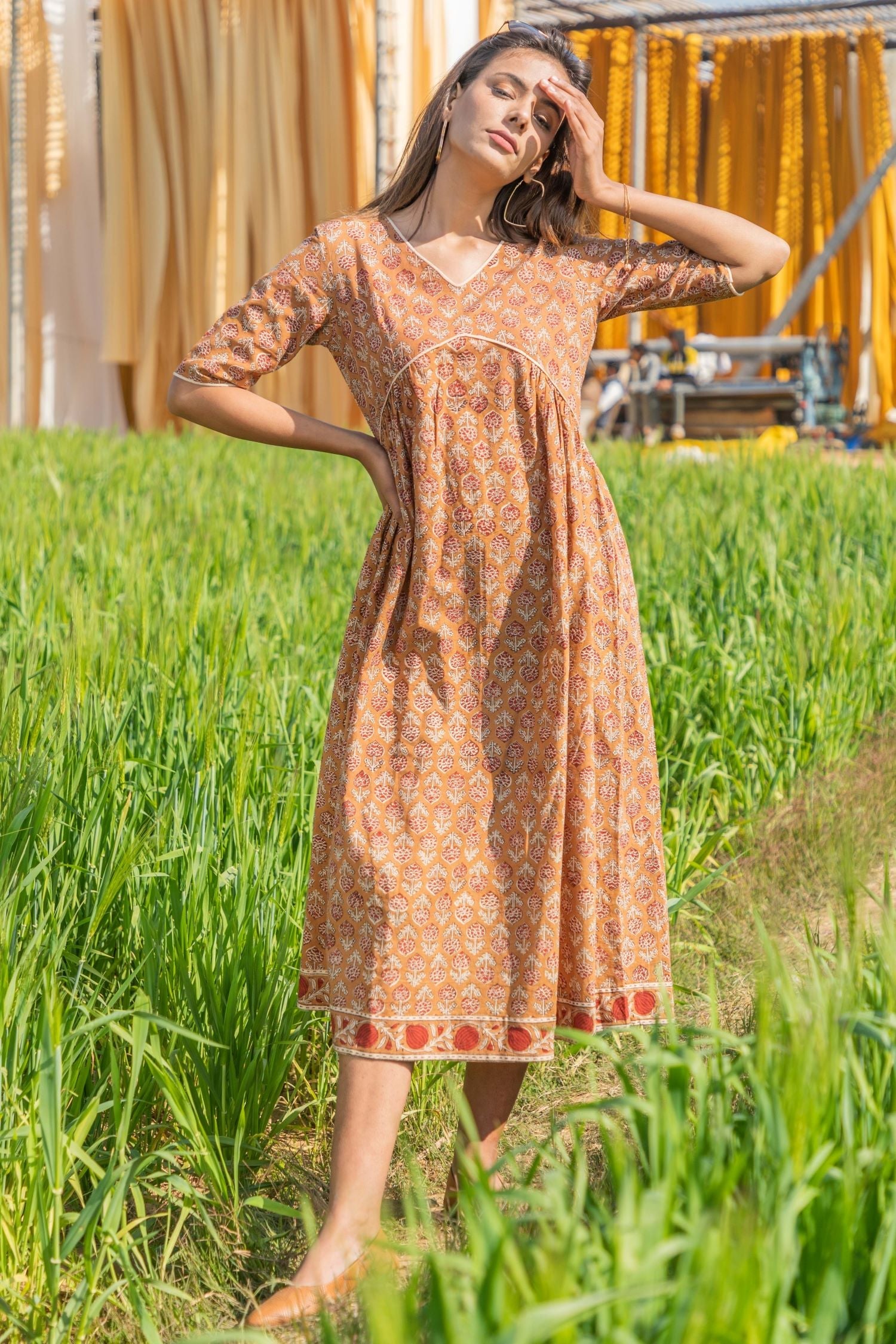 Sootisyahi 'Dusky Dawn' Azofree Handblock Printed Pure Cotton Dress - Breathable & Comfortable Women's Summer Dress for Casual Wear, Beach Outings & Boho Fashion