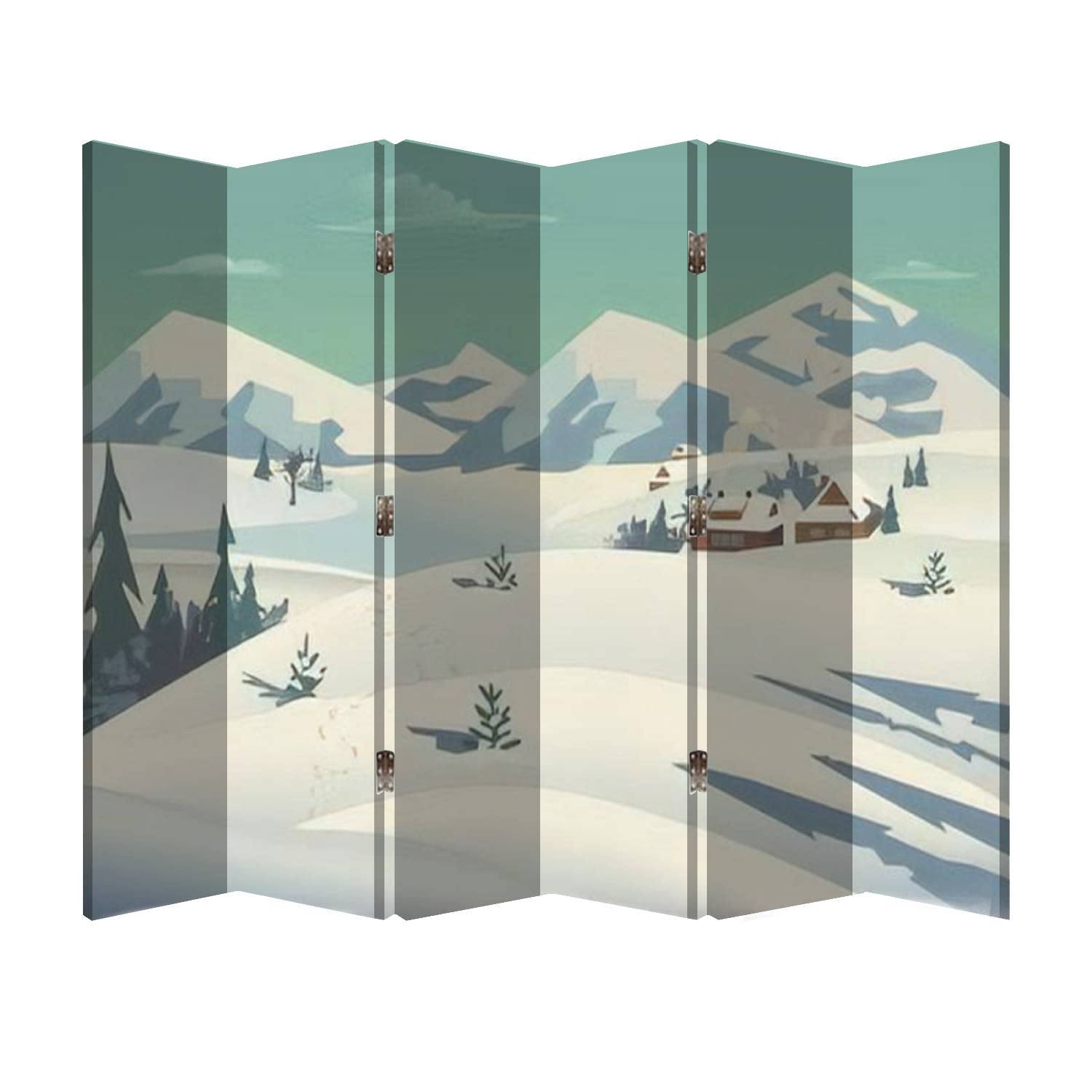 6 Panel Wooden Folding Room Divider - Winter Nature Landscape Canvas Privacy Screen with Mountain River Snowy Glacier Valley Design for Office, Home & Bedroom Partition - Perfect for Creating Private Spaces in Studios, Dorms and Living Areas