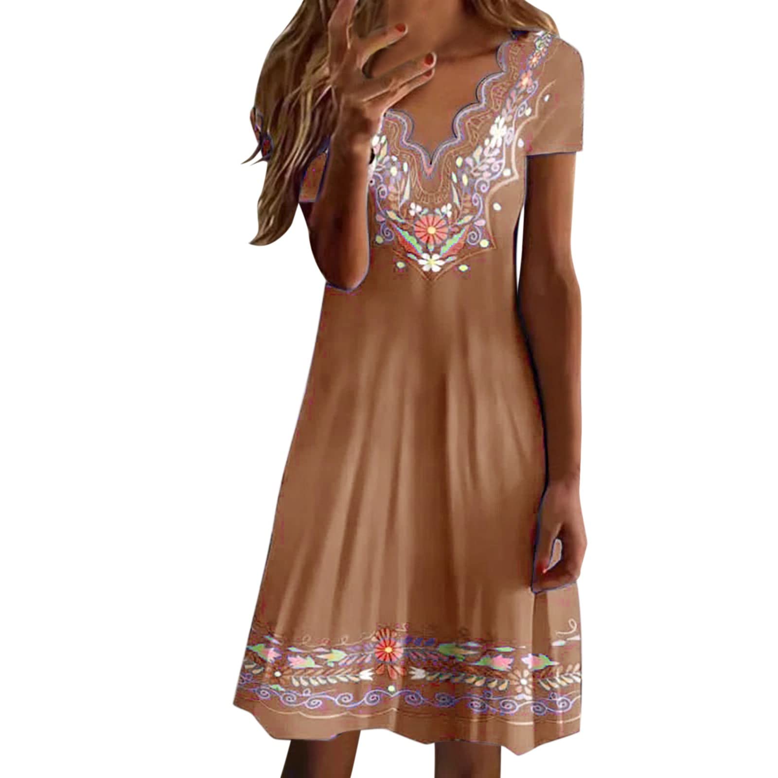 Women's Black Boho Print Casual Dress - Wave V Neck Short Sleeve Loose Fit Summer Dress for Beach, Vacation & Everyday Wear