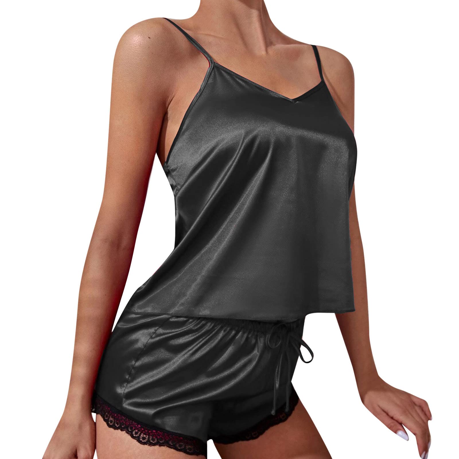 Women's Silk Satin Pajama Set - Sexy Ruffled Cami & Shorts Lounge Wear for Sleep & Relaxation | Perfect for Bedtime, Vacation & Romantic Nights