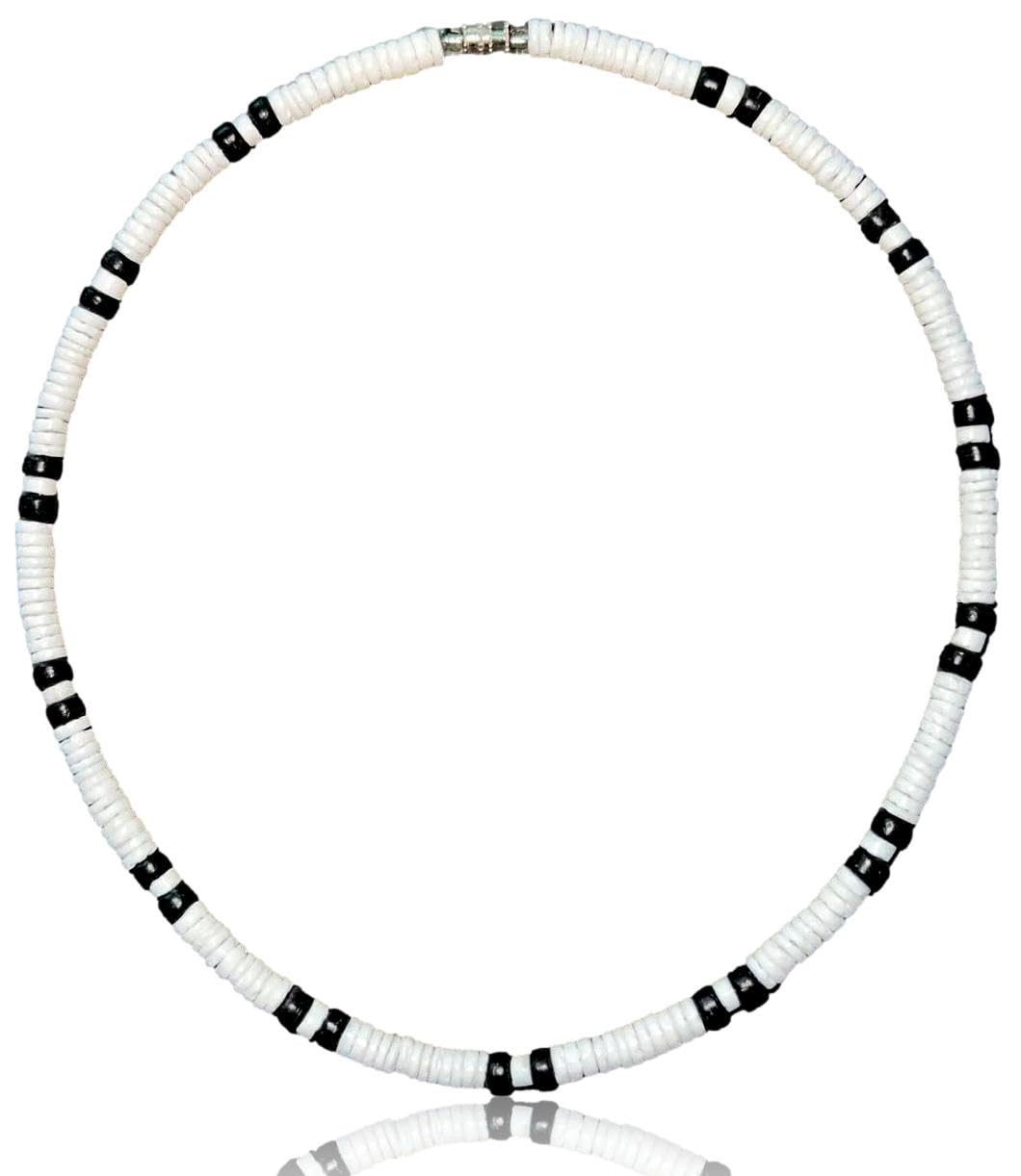 Native Treasure Men's & Women's Summer Beach Surfer Necklace - Handmade White Clam Shell & Black Coconut Bead Heishi Necklace from Philippines | Perfect for Surfing, Vacation & Boho Fashion