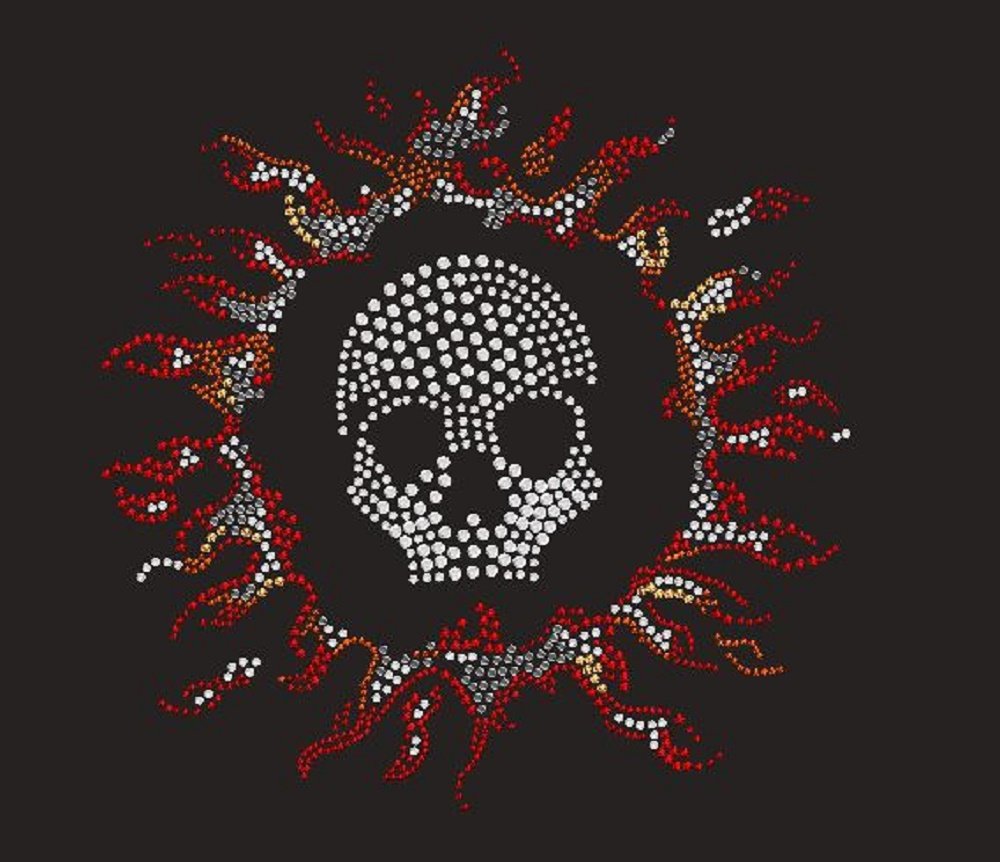 Flaming Skull Rhinestone Iron-On Transfer Patch for Jackets, Hats & DIY Crafts - Gothic Punk Style Embroidered Decoration for Clothing & Accessories