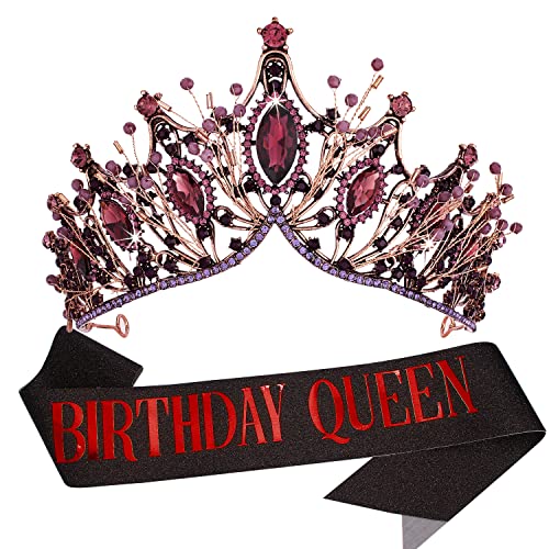 VELSCRUN Black Rhinestone Birthday Crown & Queen Sash Set for Women - Sparkling Tiara with Glitter Band for Princess Themed Parties, Birthday Decorations & Gifts (Perfect for Women's Birthday Celebrations, Bachelorette Parties & Special Occasions)