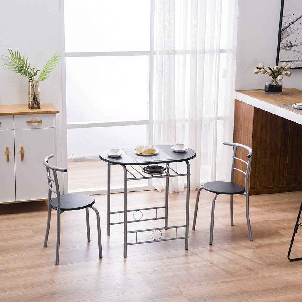 Tenozek 3-Piece Space Saving Dining Set - Compact PVC Breakfast Table with Metal Frame & Storage Shelf, 2 Chairs - Perfect for Small Apartments, Kitchen, Bistro & Pub (Black) | Ideal for Breakfast Nooks, Studio Living & Outdoor Entertaining