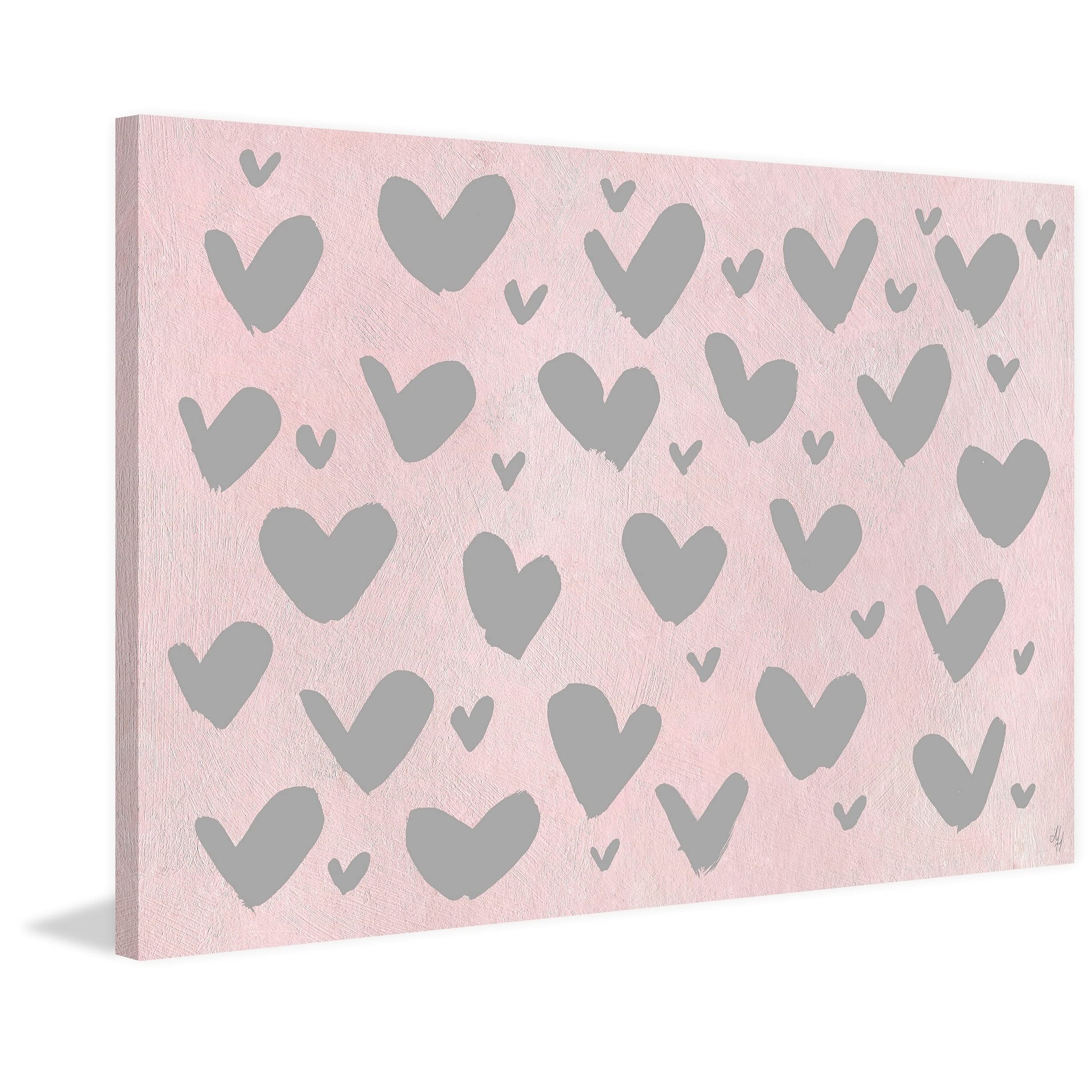 Handmade Pink and Gray Hearts Print Wrapped Canvas Wall Art 45x30 - Modern Home Decor for Living Room, Bedroom & Office