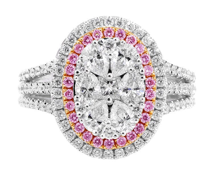 18K White Rose Gold Pink & White Diamond Oval Cluster Ring for Women - Elegant Wedding, Engagement & Anniversary Jewelry Gift