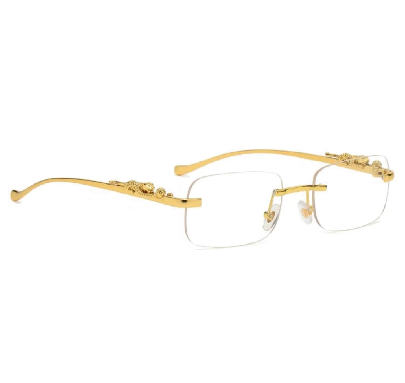 ARICKS Mc Stan Rimless Sunglasses for Men & Women - Retro Luxury Gold Metal Frameless Rectangle Sunglasses with Leopard Print Arms & Colored Lenses - Perfect for Driving, Beach, and Fashion Outfits